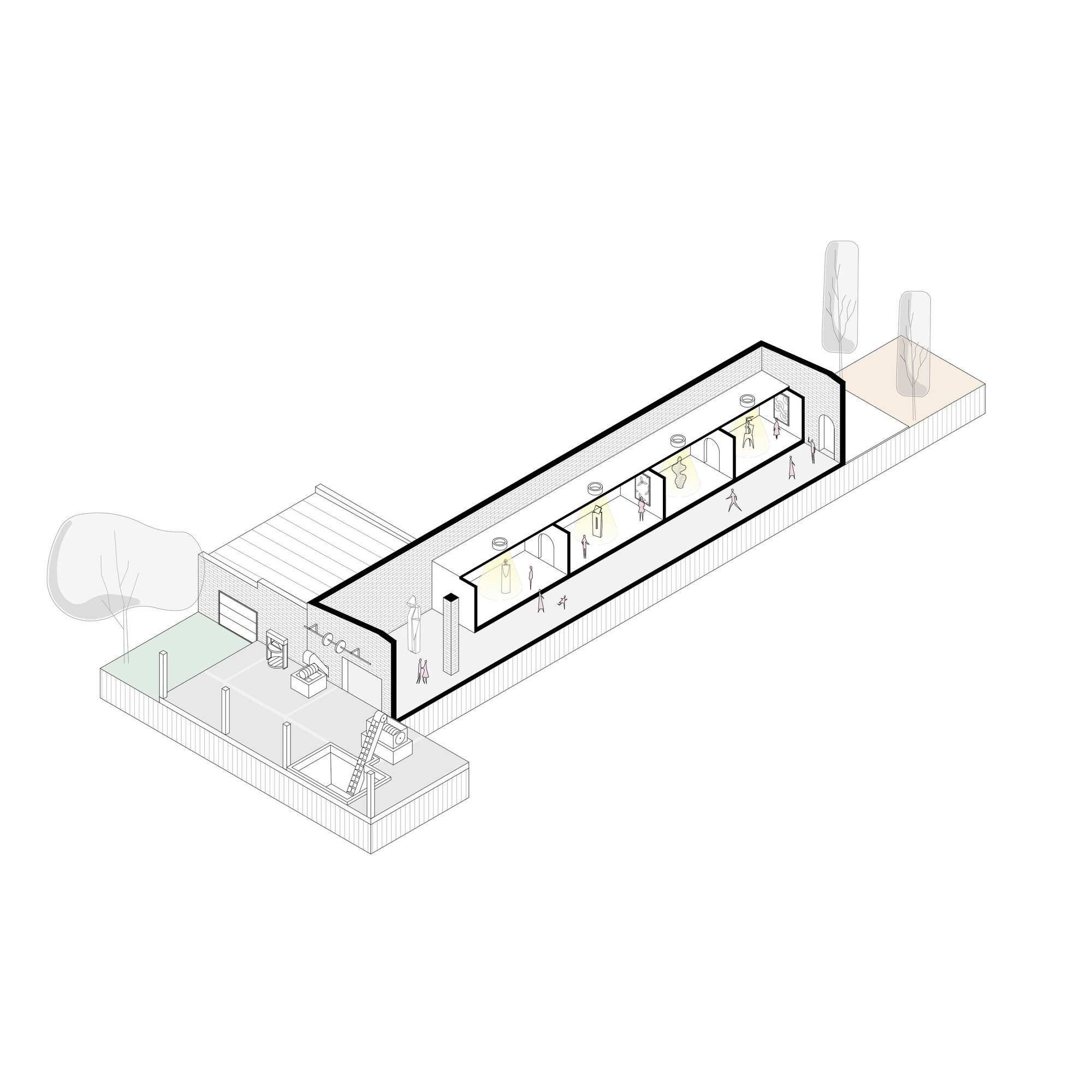 Axonometric section drawing showing the elongated circulation spine connecting a series of rooms under the sloped roof
