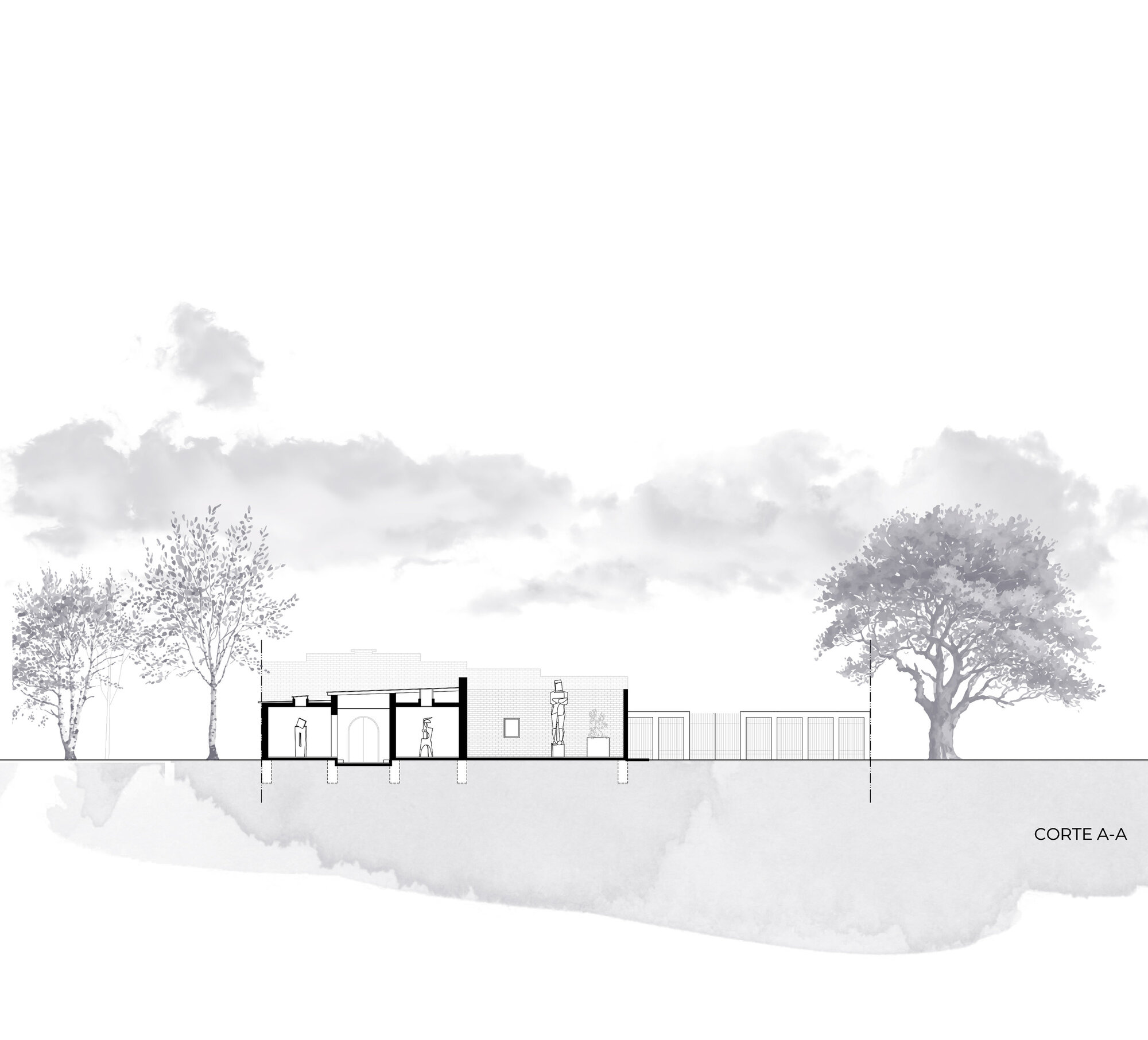Section drawing showing interior spaces with figures and flanking trees under a cloudy sky
