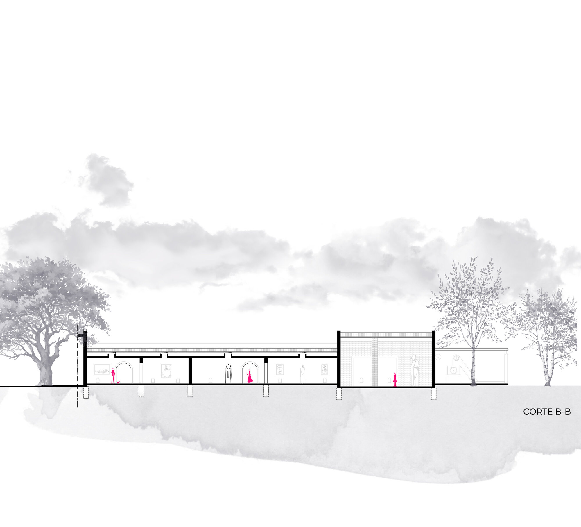 Section drawing revealing a long colonnade and enclosed volumes with trees at both ends