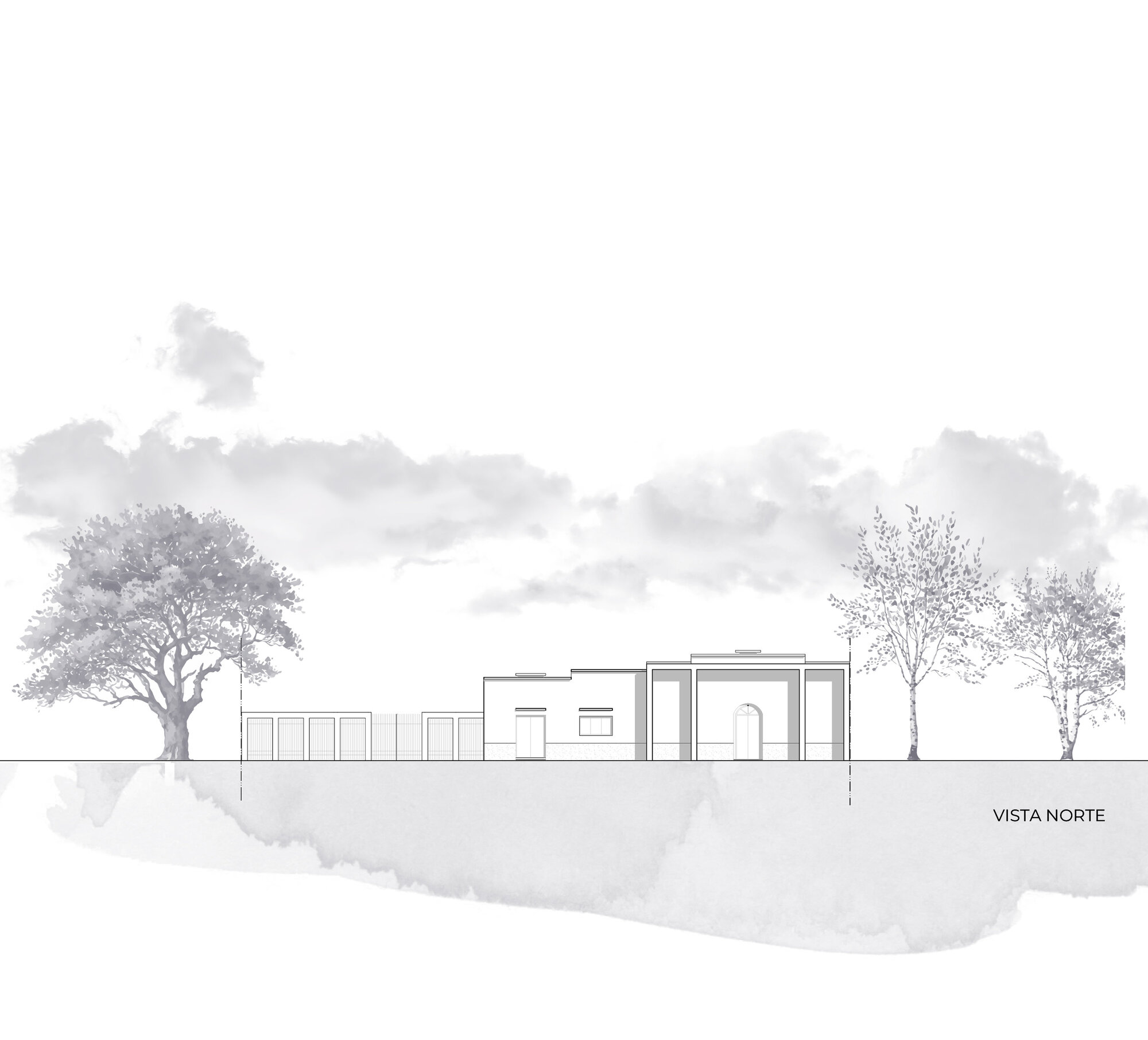 North elevation drawing displaying the facade composition with adjacent trees in a landscape setting