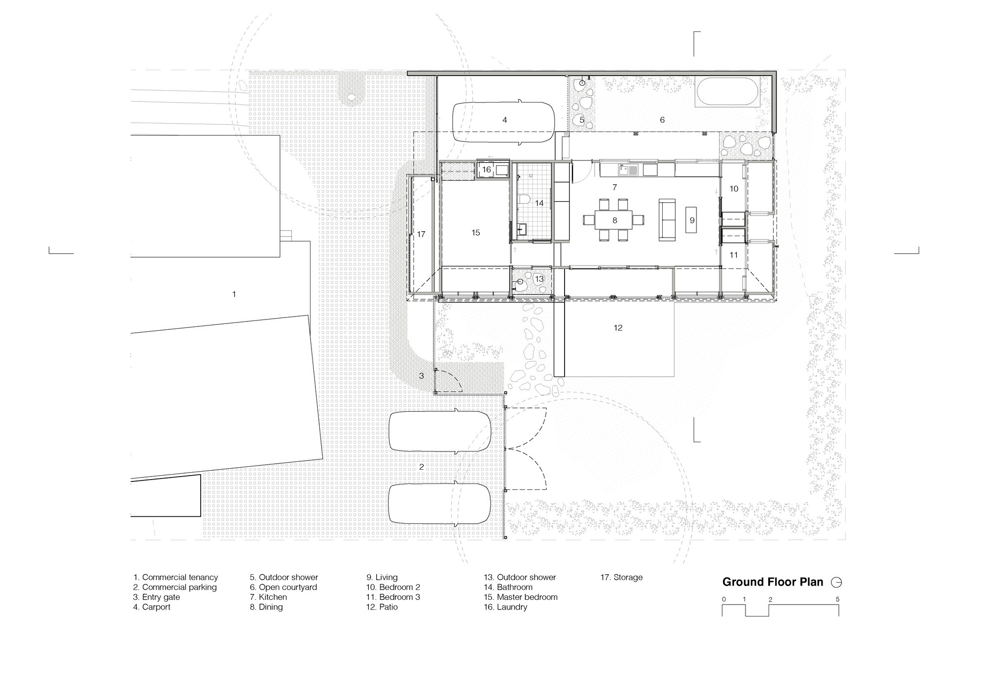 Ground floor plan drawing showing living areas and outdoor courtyard with planting beds and parking spaces