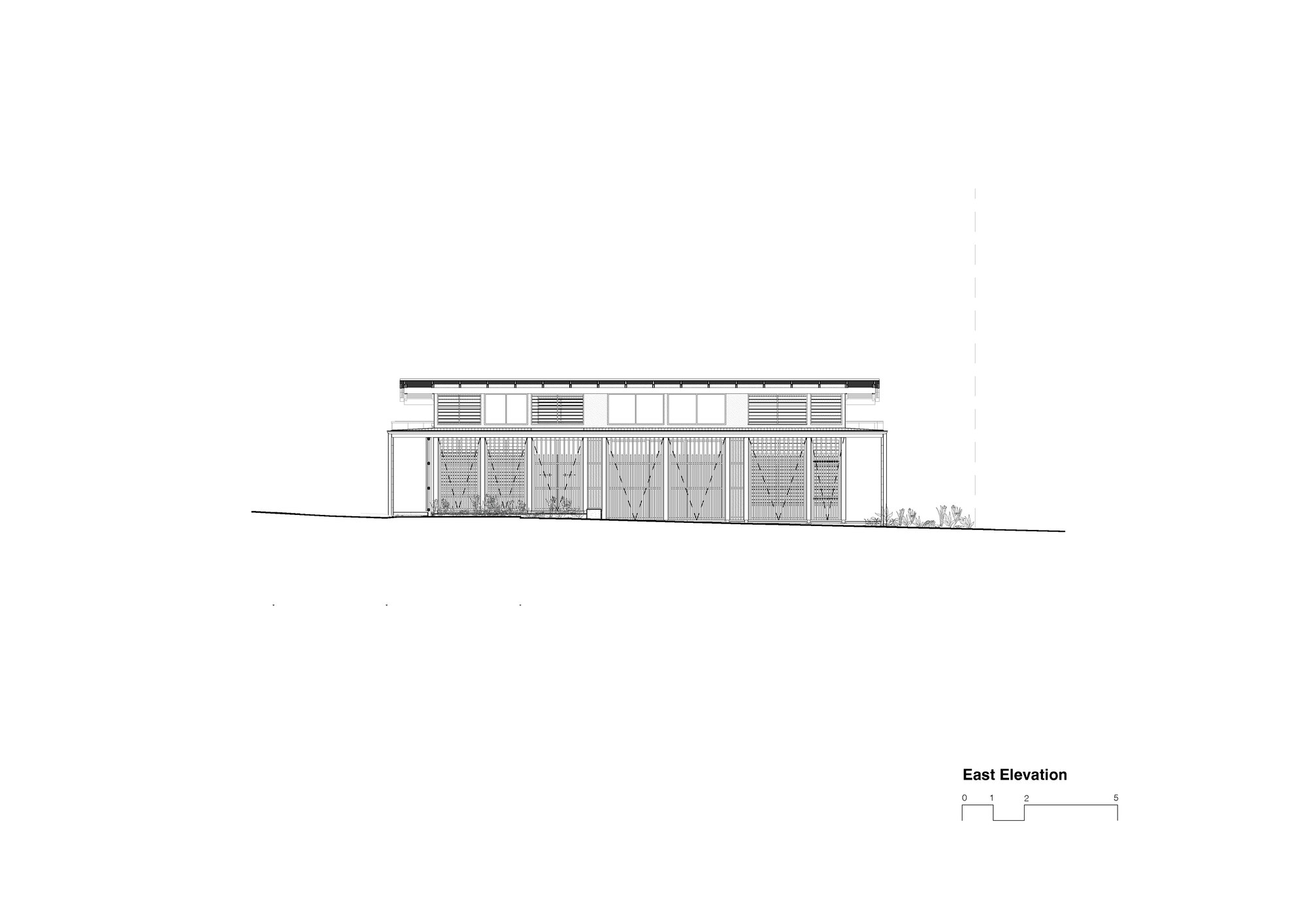 East elevation drawing showing facade with vertical timber screens and high-level ventilation grilles above
