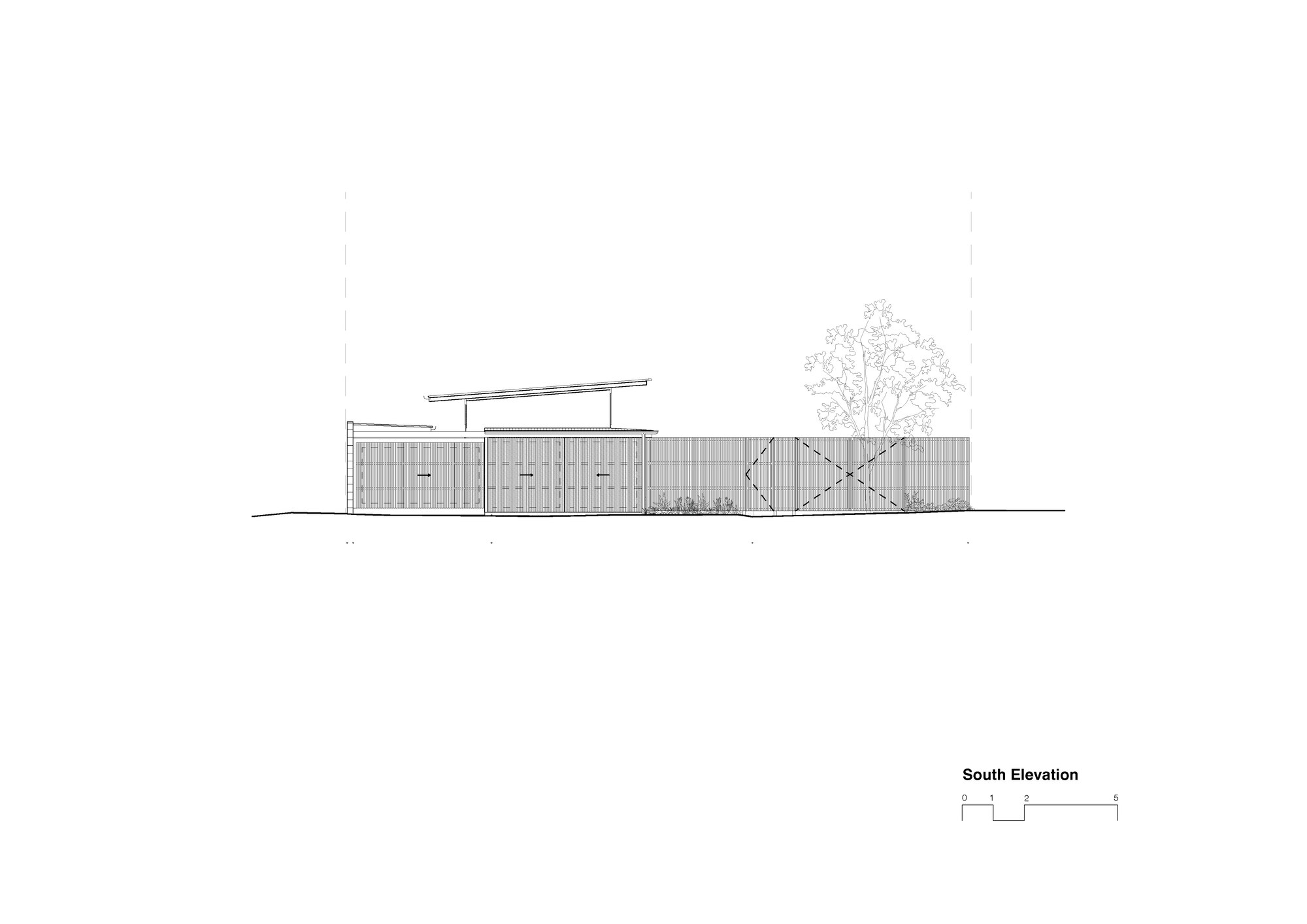South elevation drawing showing a low-slung pavilion with angled roof and perforated screens beside a tree