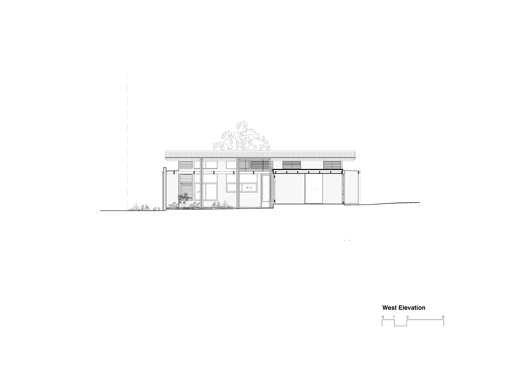 West elevation drawing depicting the glazed entry and covered porch beneath a flat roof with tree canopy