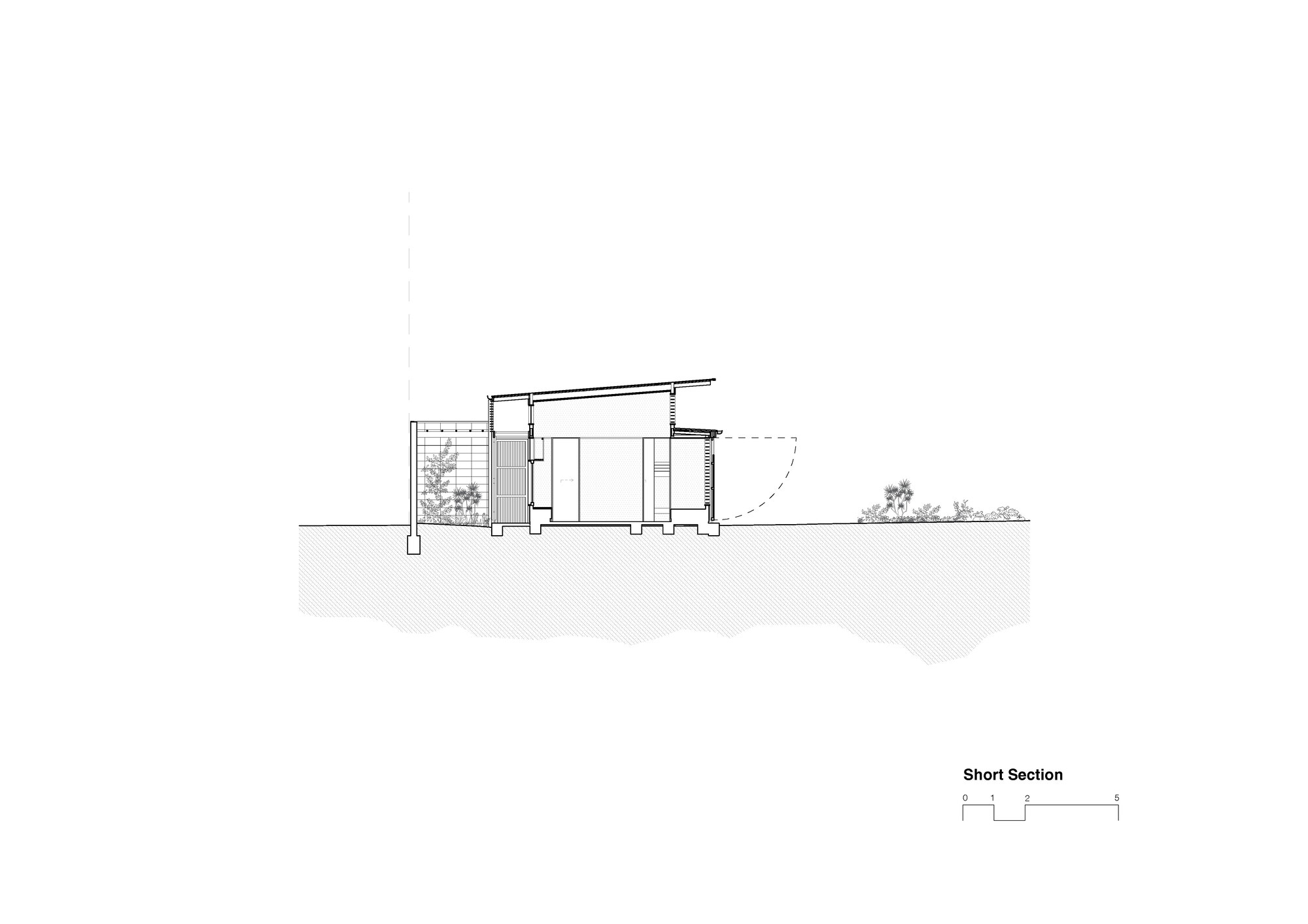 Short section drawing showing the entrance courtyard volume and sloping roof profile with adjacent plantings