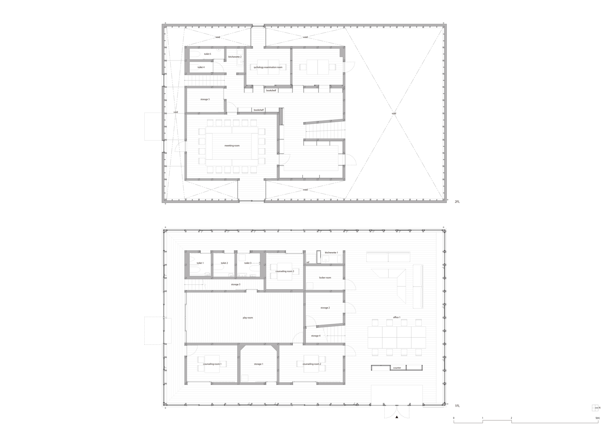 Floor plan drawings of two levels showing classrooms and open multipurpose spaces with grid ceilings
