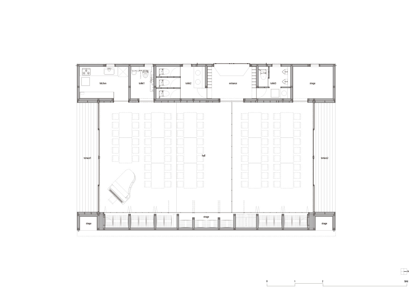 Floor plan drawing showing two large halls with rows of seating and service rooms along the upper edge