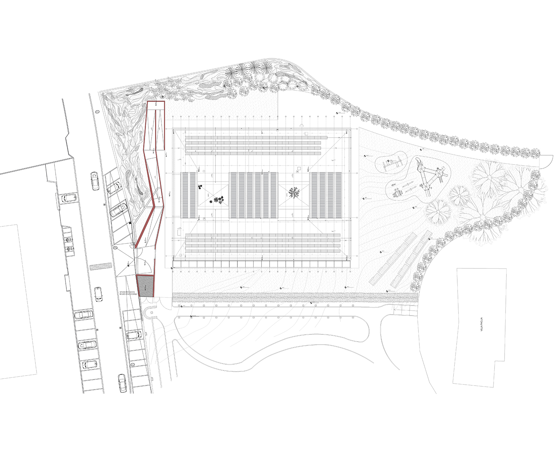 Site plan drawing showing rectangular structure with courtyard spaces and surrounding landscaped areas