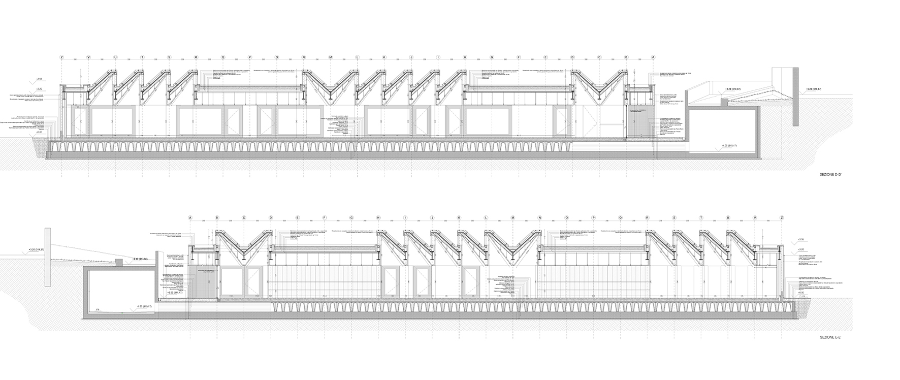Section drawings showing sawtooth roof profile with angled skylights above interior volumes