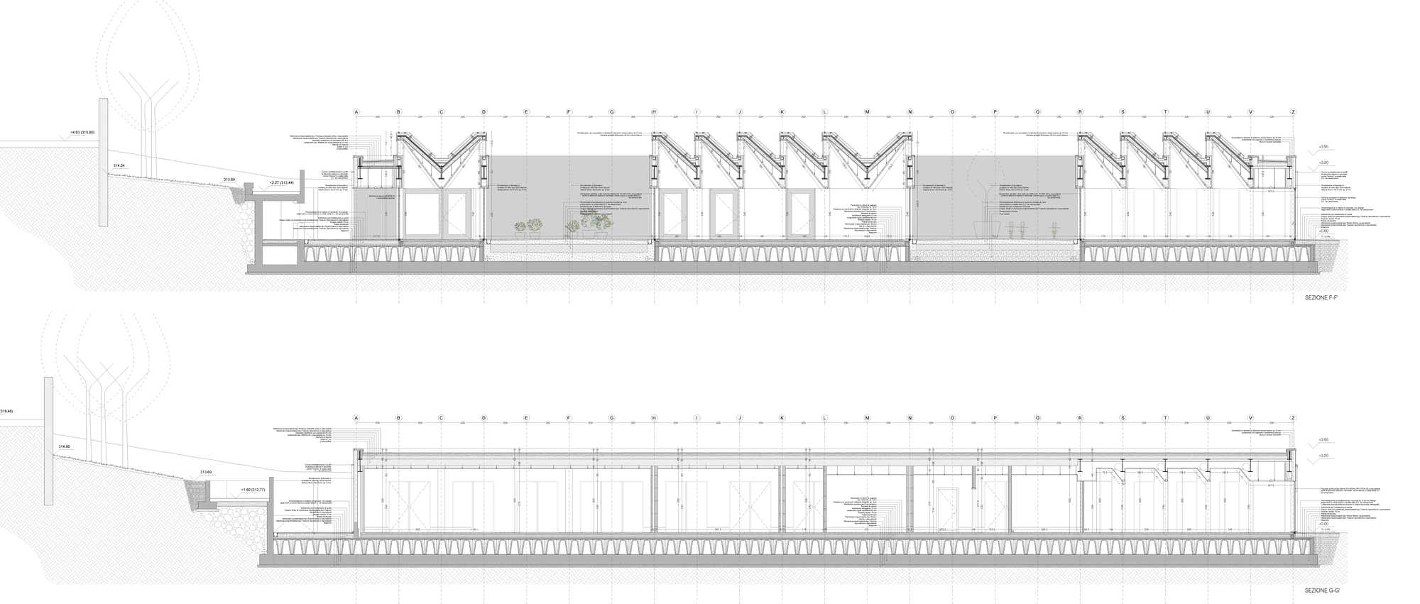 Section drawings revealing interior spatial organization beneath the zigzag roof structure
