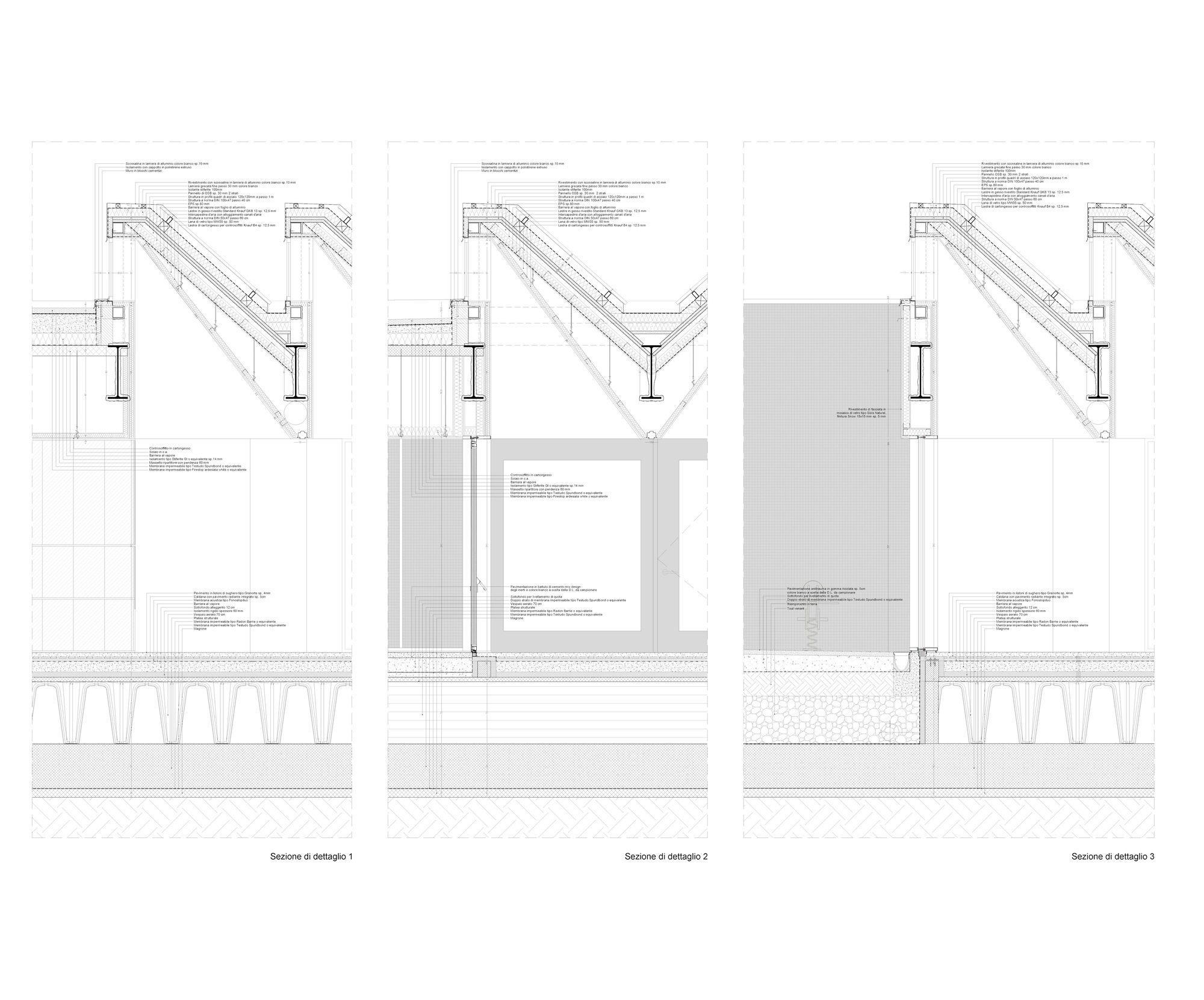 Detail section drawings of three roof assembly conditions with skylight and structural connections