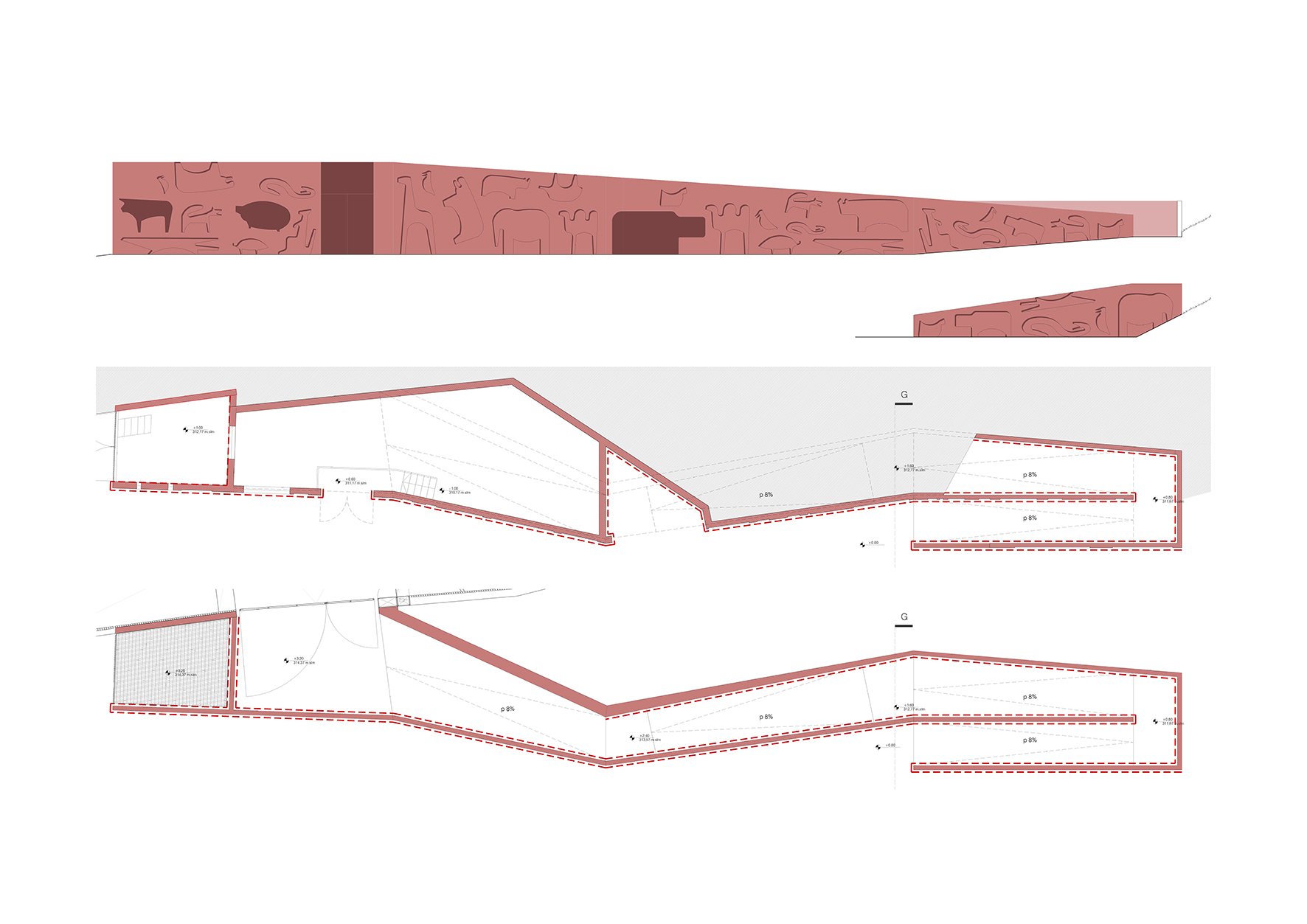 Elevation and floor plan drawings showing the angled linear form with patterned surfaces in terracotta tones