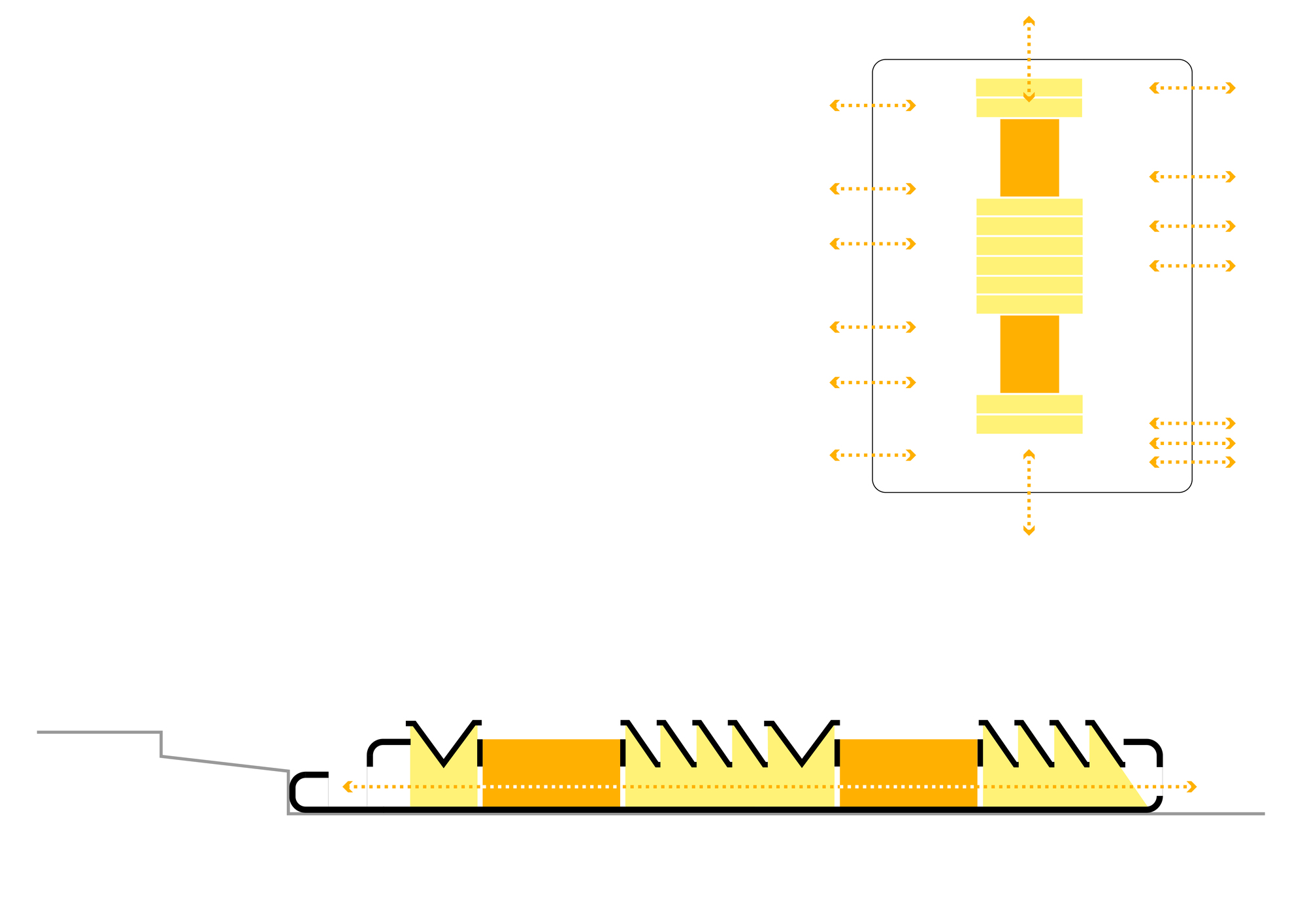 Section and detail drawing depicting thermal stack ventilation through vertical shaft with yellow insulation layers