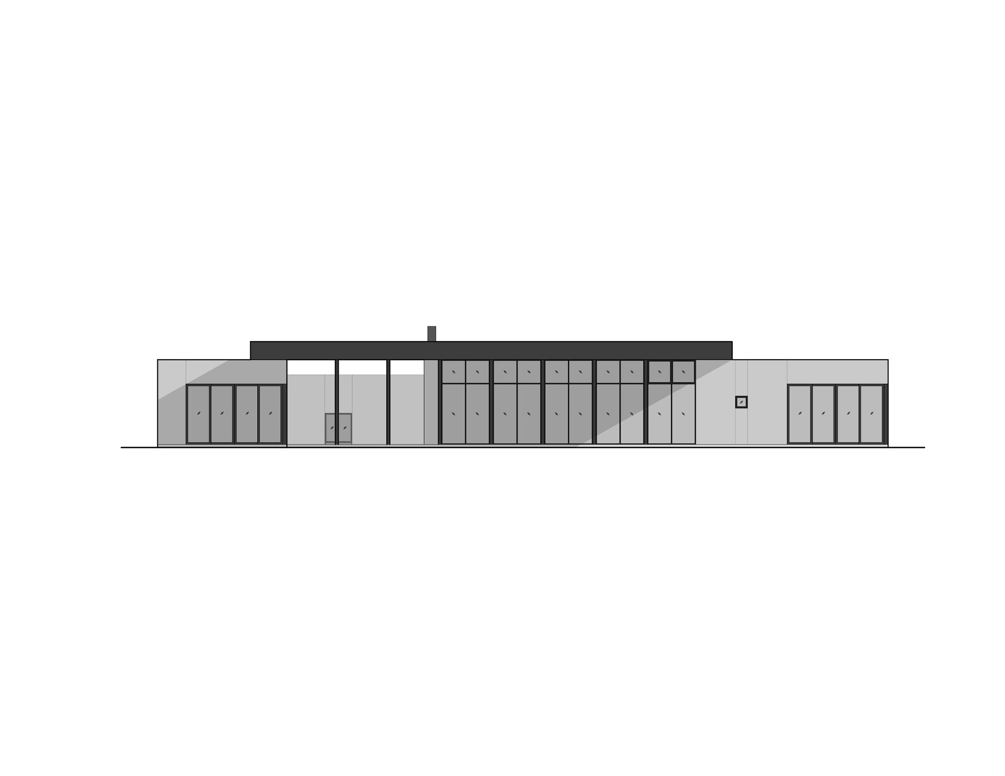 Elevation drawing showing a long horizontal composition with central clerestory and symmetrical window placement