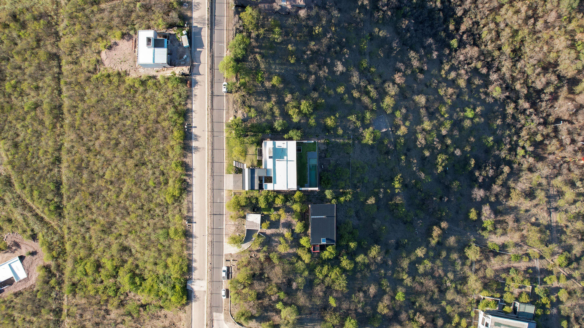 Drone view of the residence cantilevered over sloping terrain with native trees throughout the site