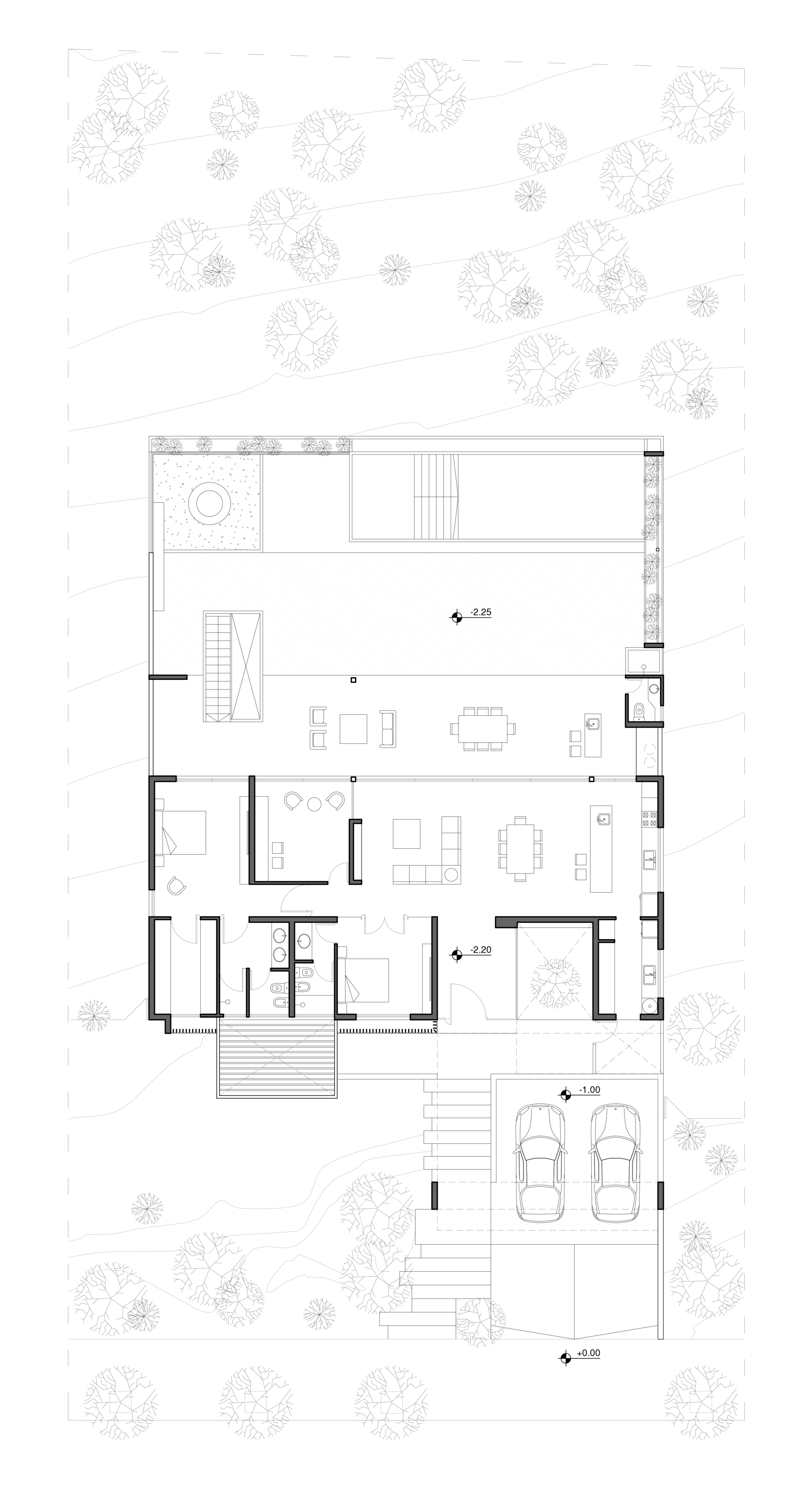 Floor plan drawing showing open living spaces with pool terrace and carport surrounded by trees