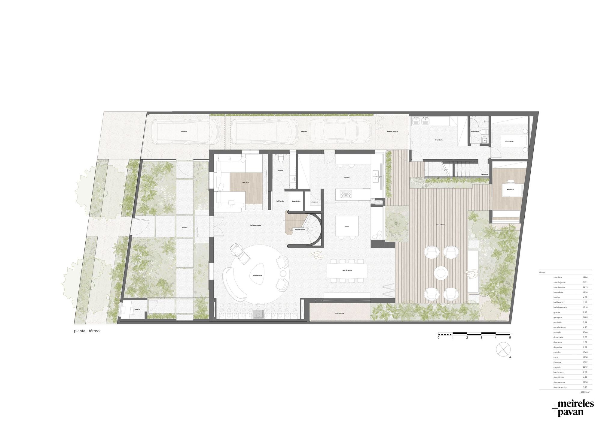 Ground floor plan drawing showing living spaces organized around a curved central stair with planted courtyards