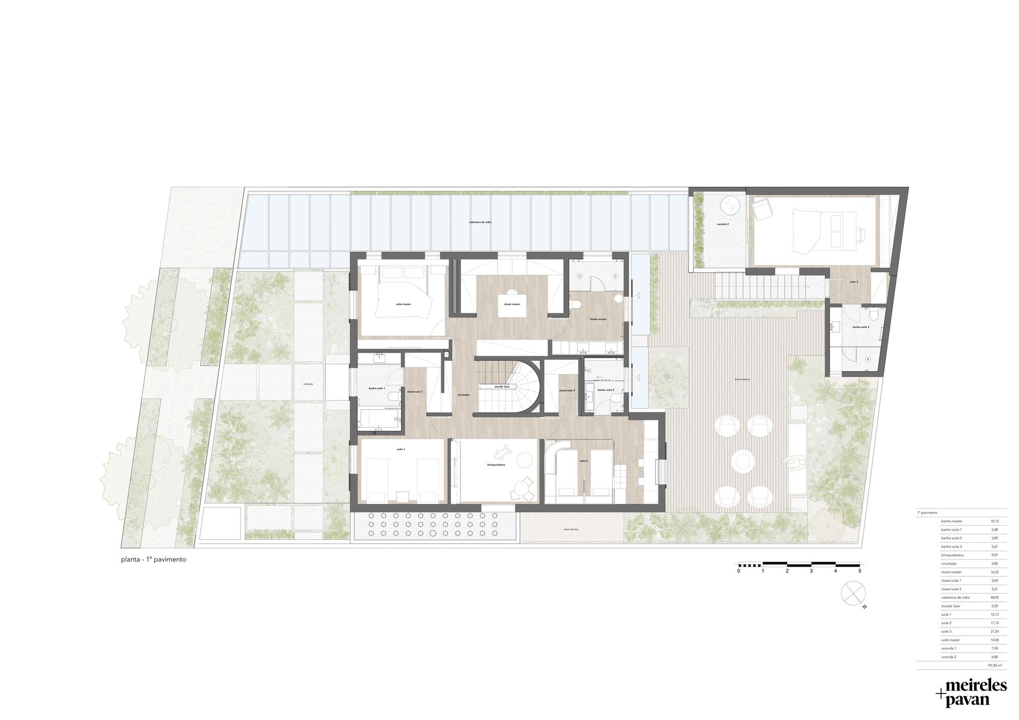 First floor plan drawing showing bedroom suites and circulation spaces arranged around the spiral stair