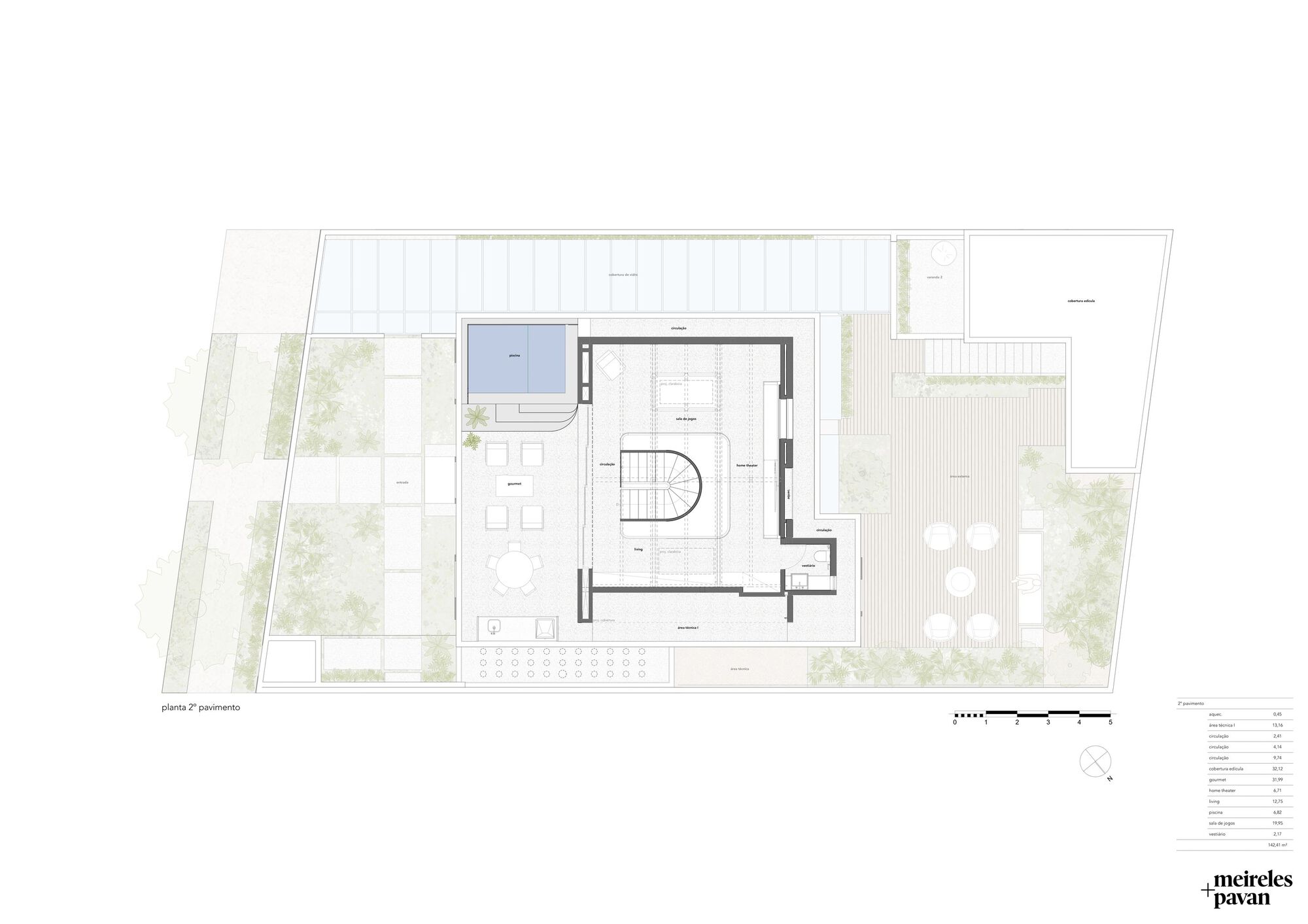 Second floor plan drawing showing the upper level with a double-height volume and rooftop terrace