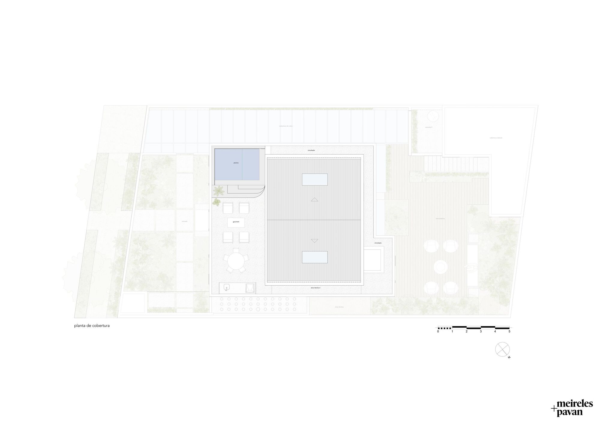 Roof plan drawing showing the flat roof with planted courtyards and terrace openings