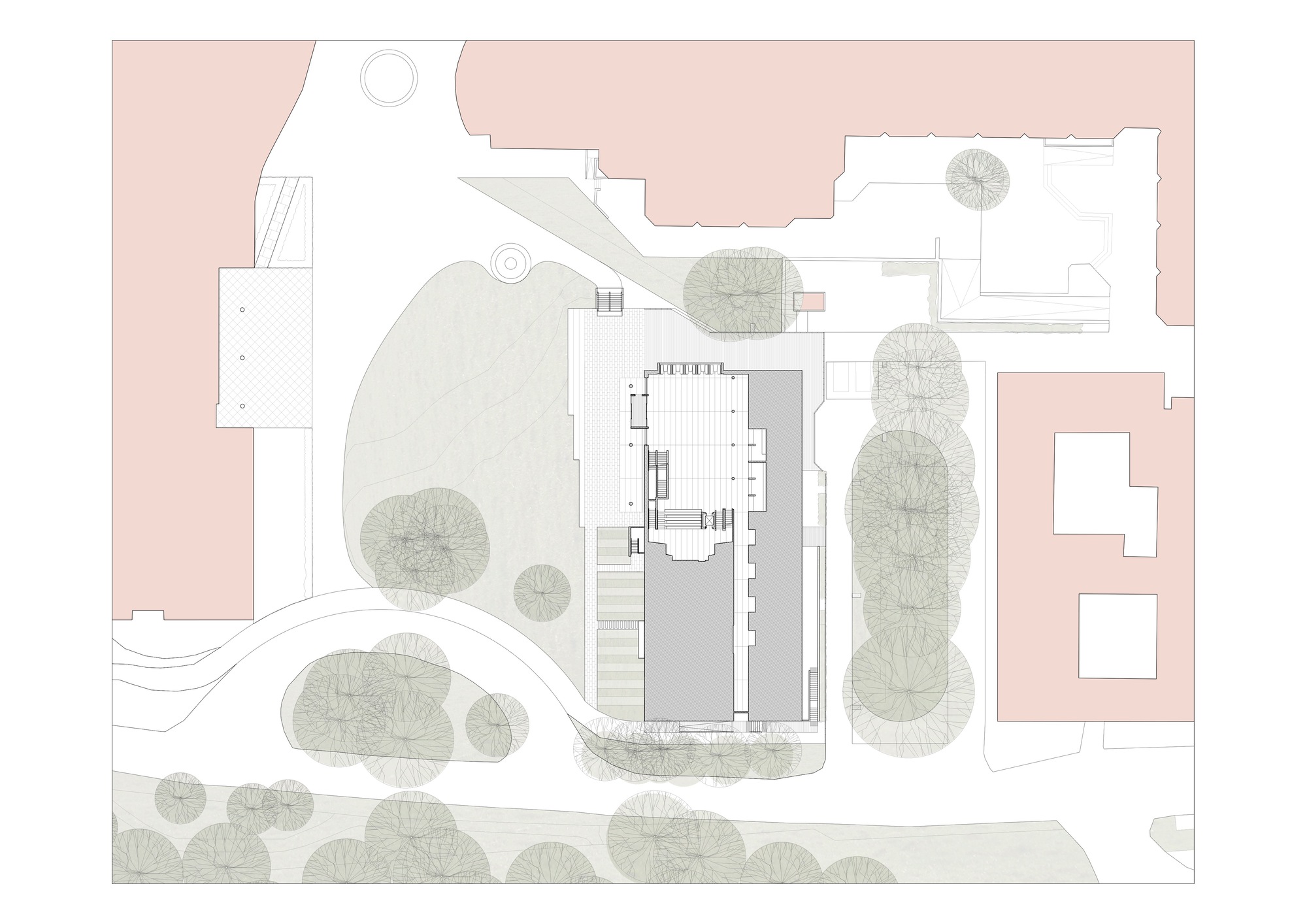 Site plan with central building footprint surrounded by tree canopies rendered in grey and pink