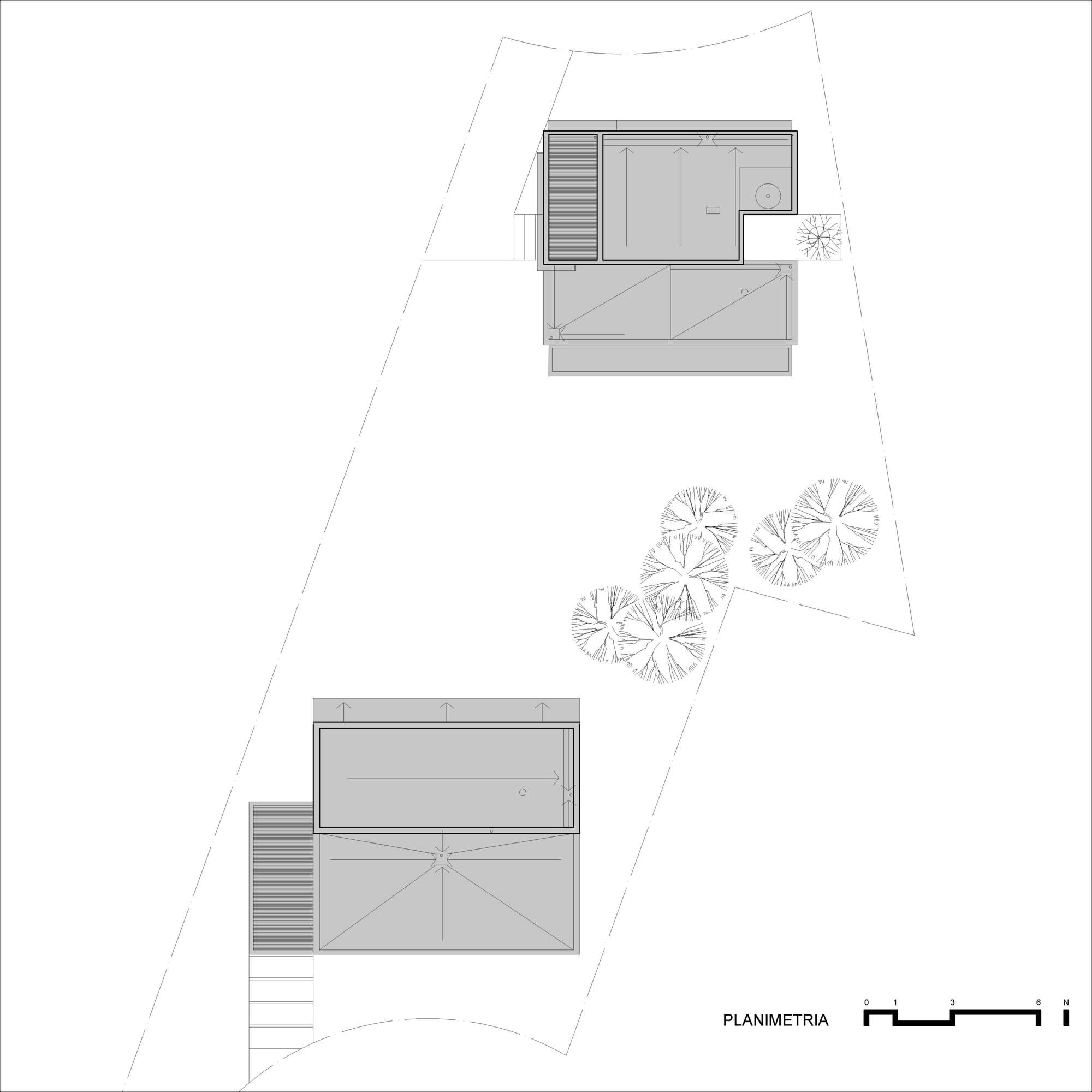 Site plan drawing showing two residential volumes on an irregular lot with tree plantings between