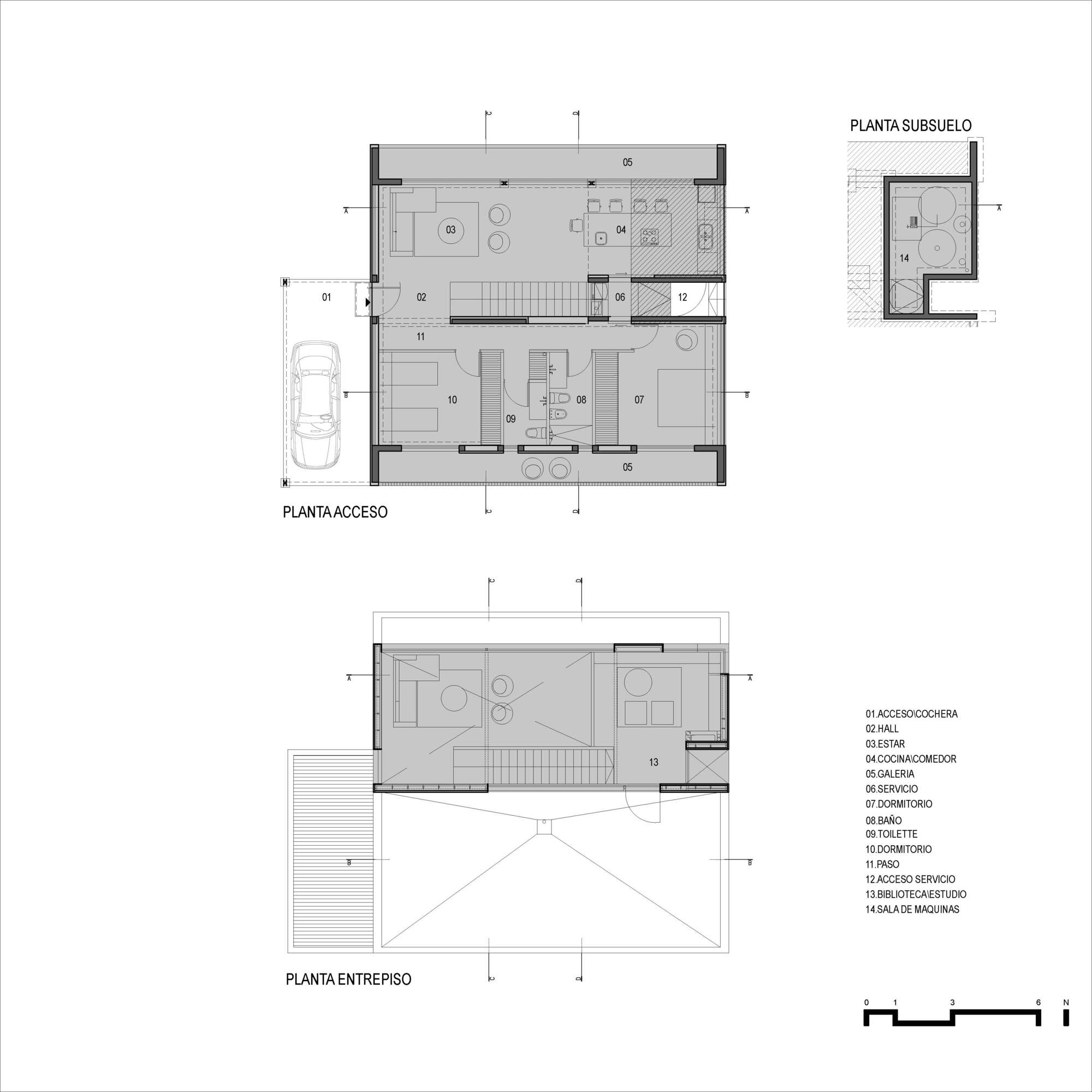 Floor plan drawings of ground level with parking and upper level with labeled room program