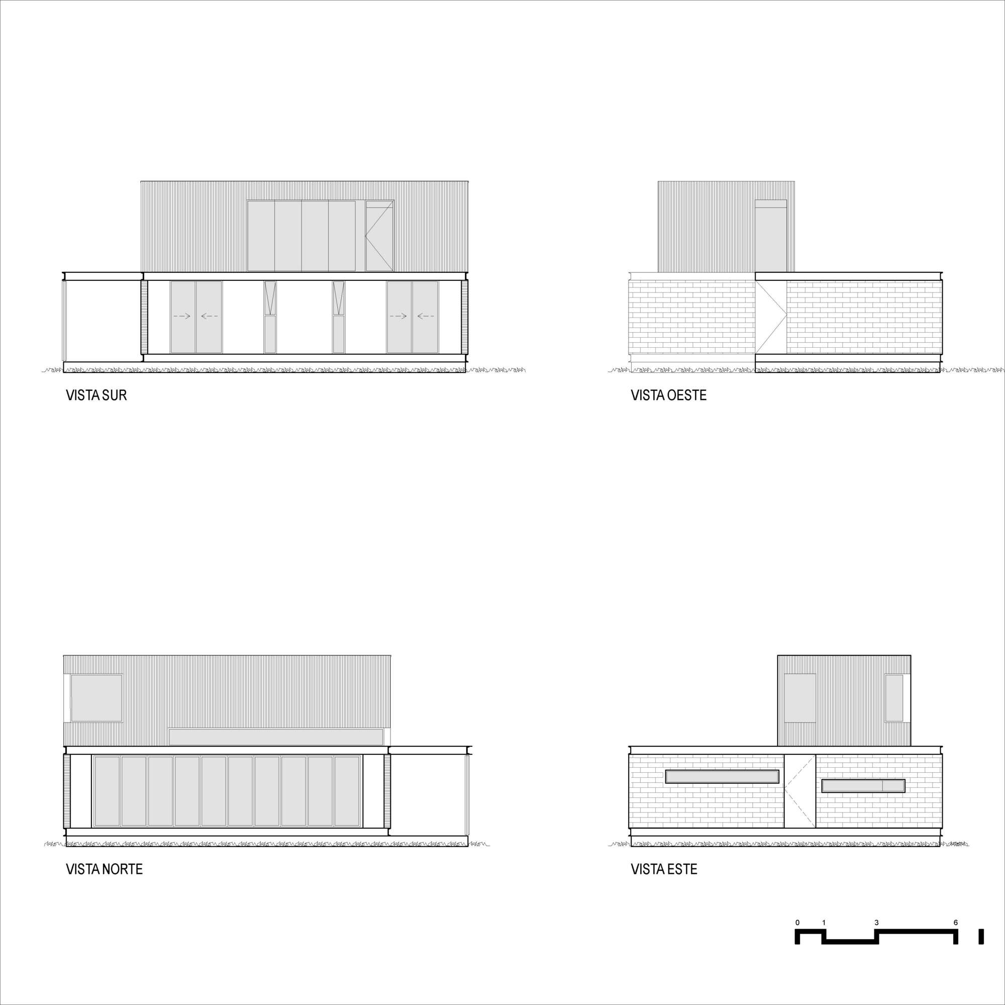 Elevation drawings showing four facades with vertical cladding and brick base on mixed volumes