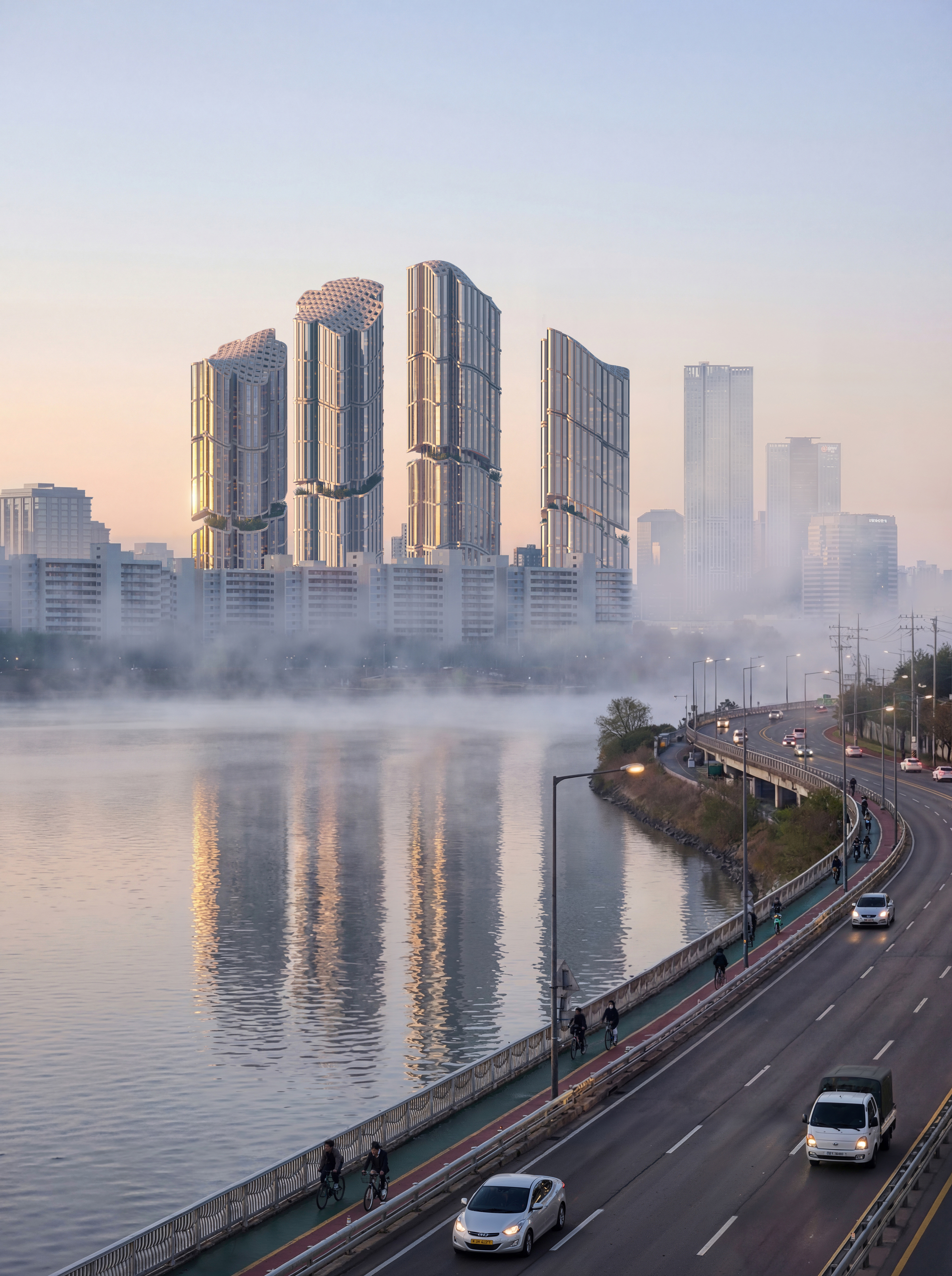 Cluster of vertical towers with alternating glass and solid facades reflected in still water at sunrise