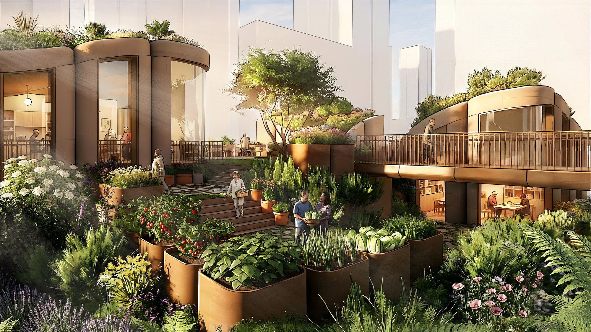 Rooftop terrace with curved planters filled with vegetables and grasses, residents gathering among highrise towers