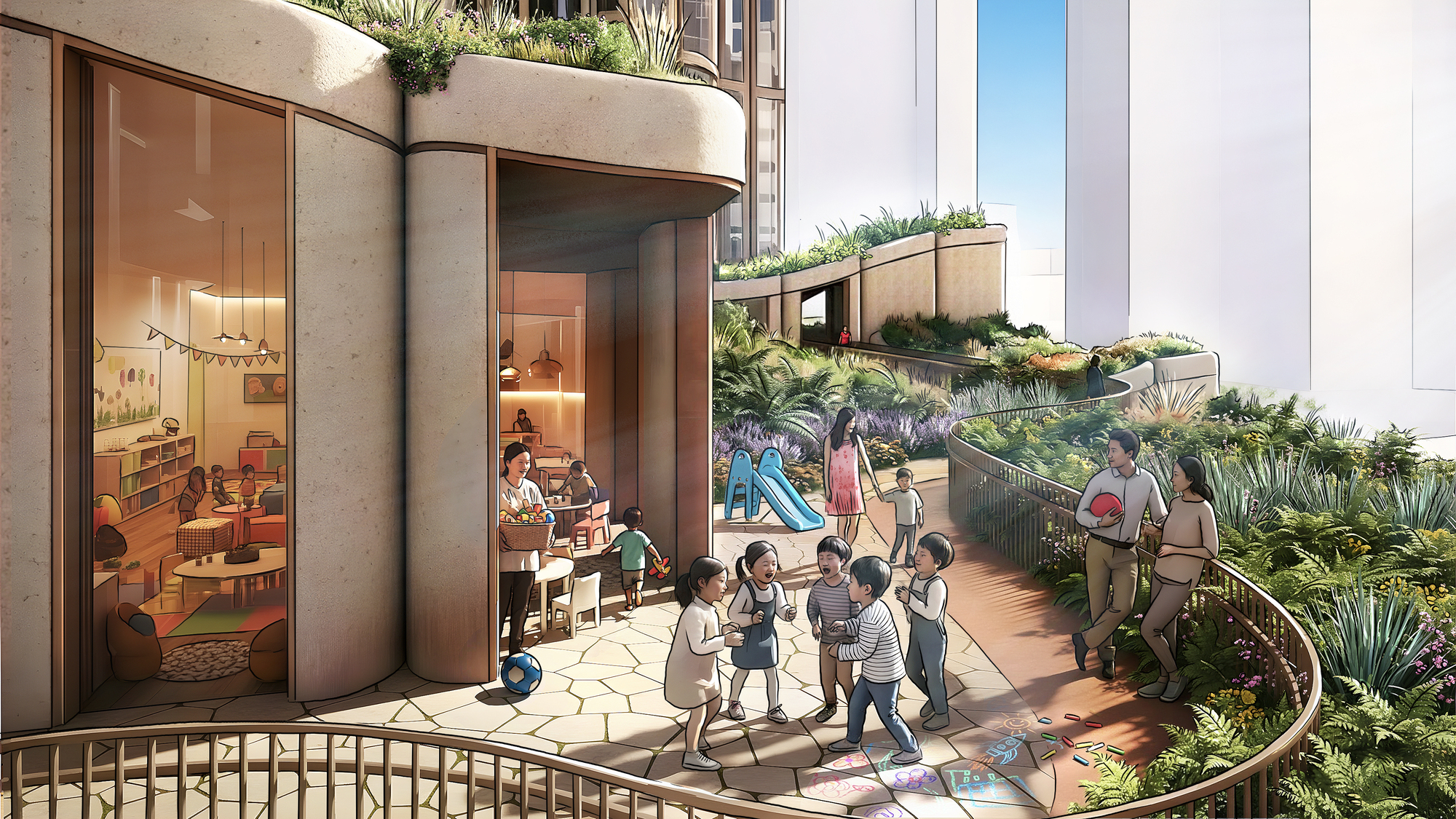 Curving outdoor deck with wooden slats and planted edges, children playing beneath glass-fronted residential units