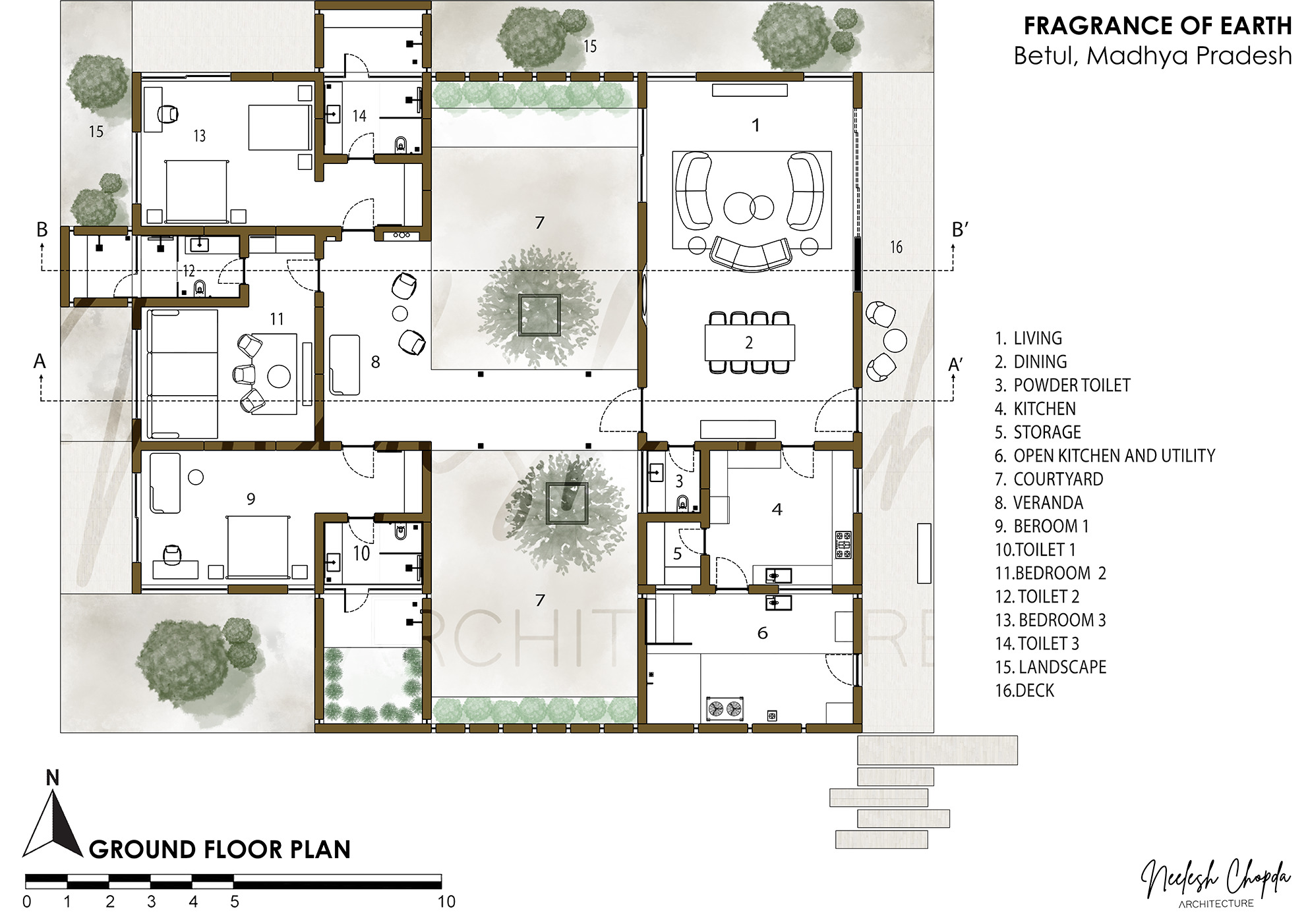 Ground floor plan drawing showing living and dining spaces organized around two interior courtyards