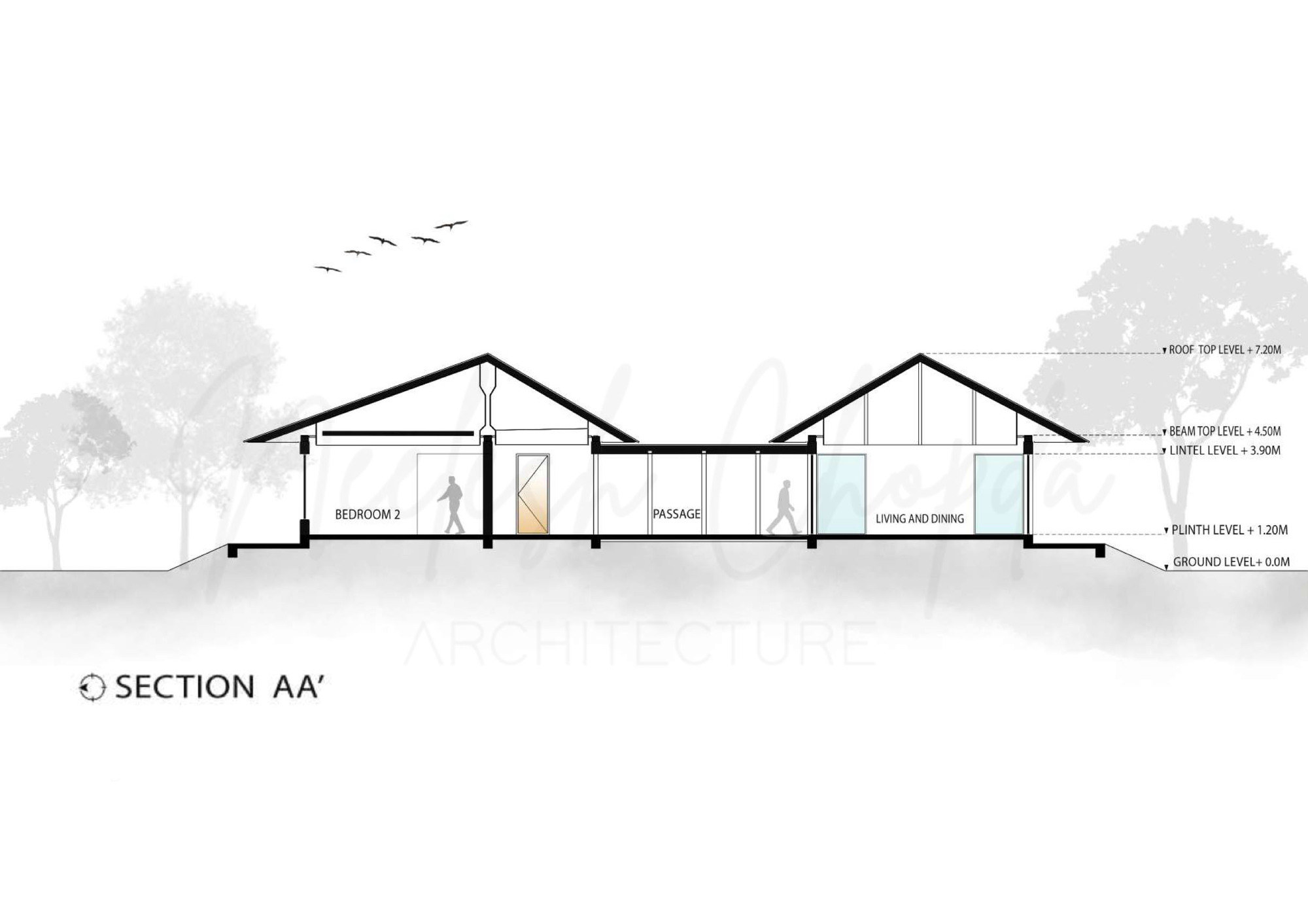 Section drawing showing pitched roof volumes connected by a breezeway with silhouetted figures and trees