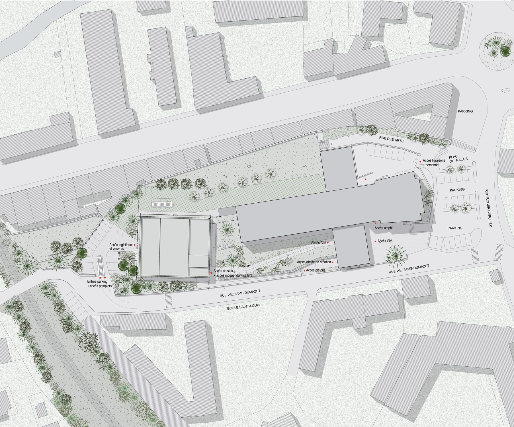 Site plan drawing showing building footprints, courtyard spaces, parking areas and landscape planting zones