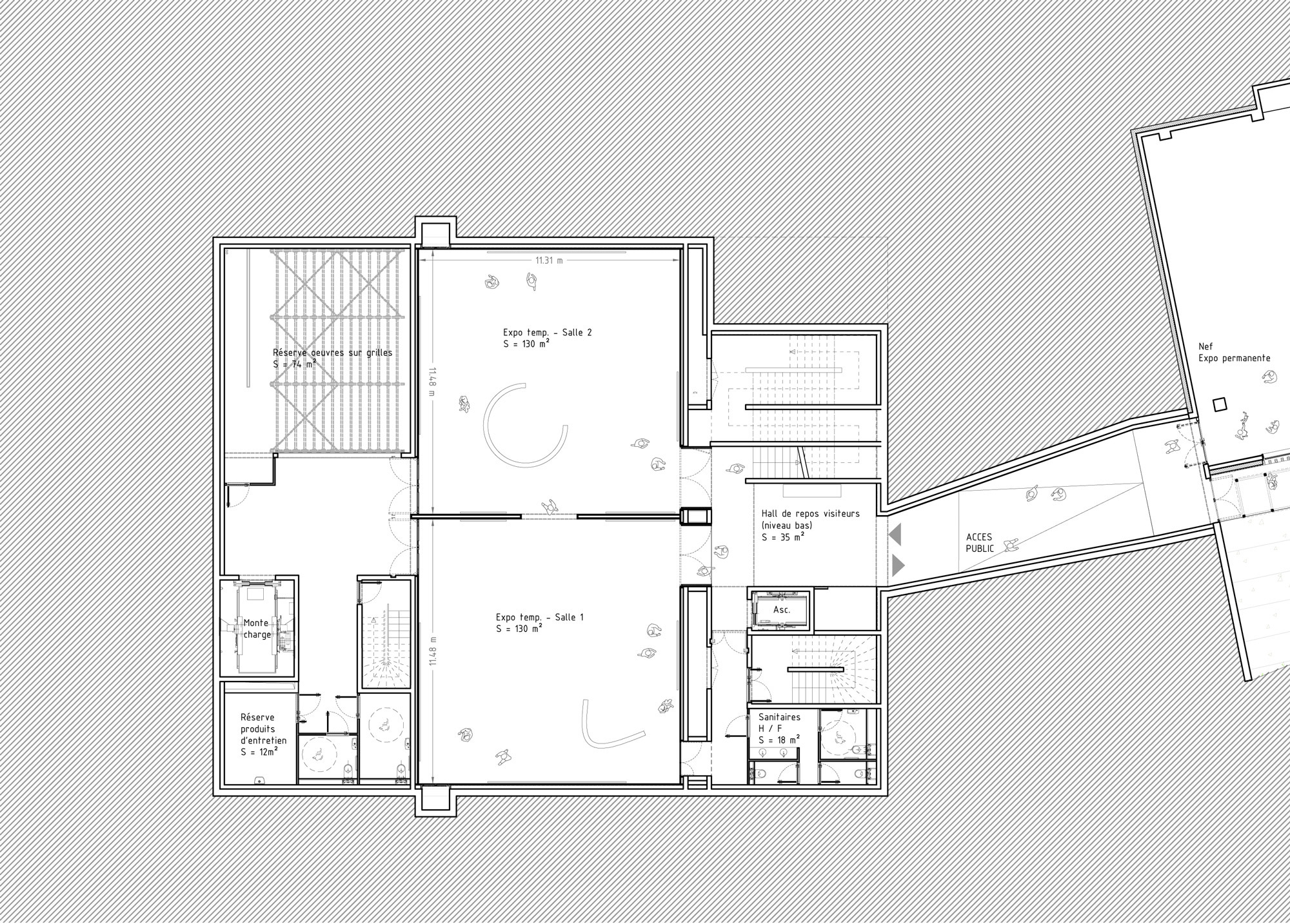 Floor plan drawing showing two large living spaces flanking a central corridor with service rooms