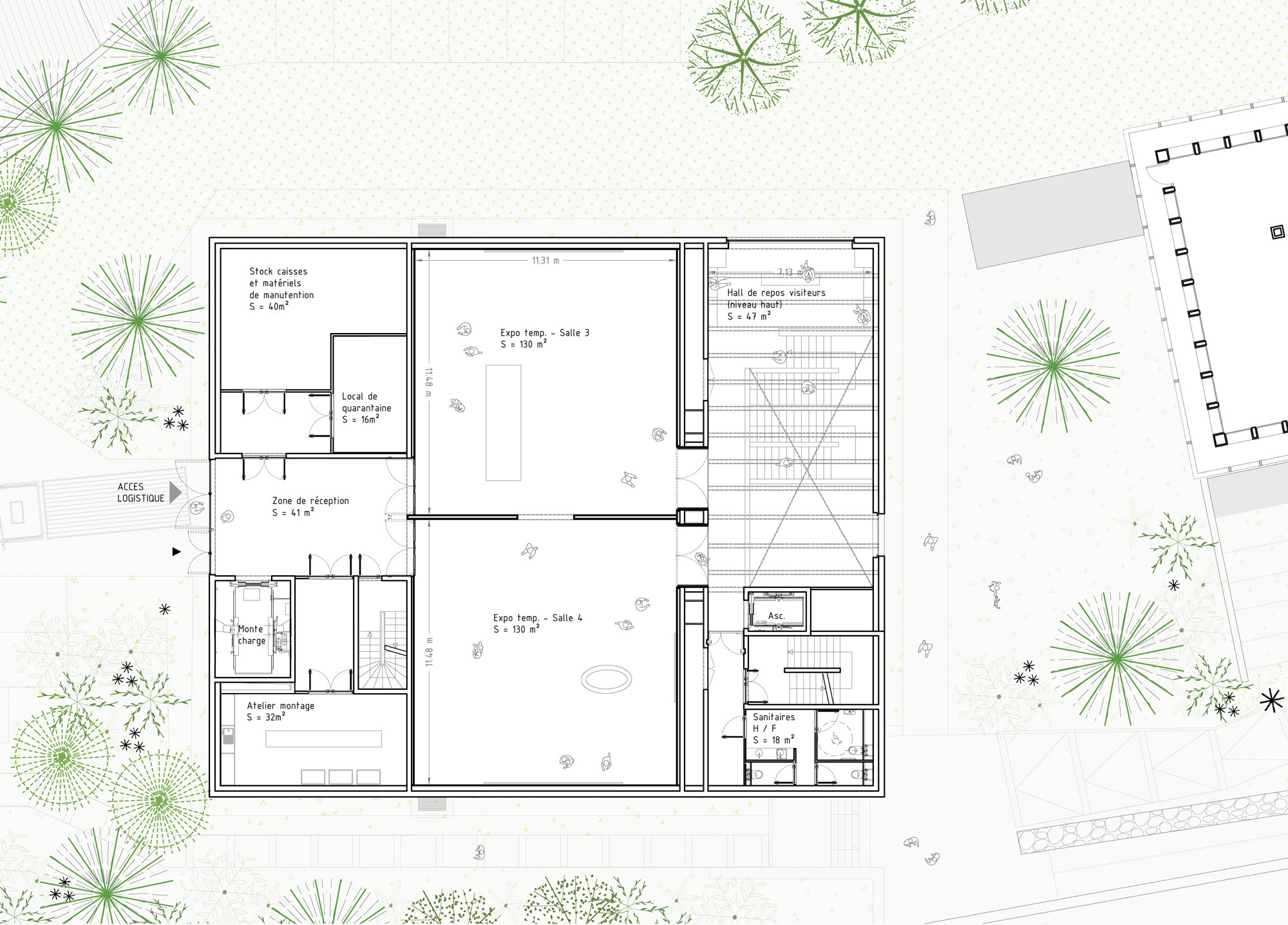 Floor plan drawing with landscape elements indicating living spaces and outdoor terraces surrounded by trees