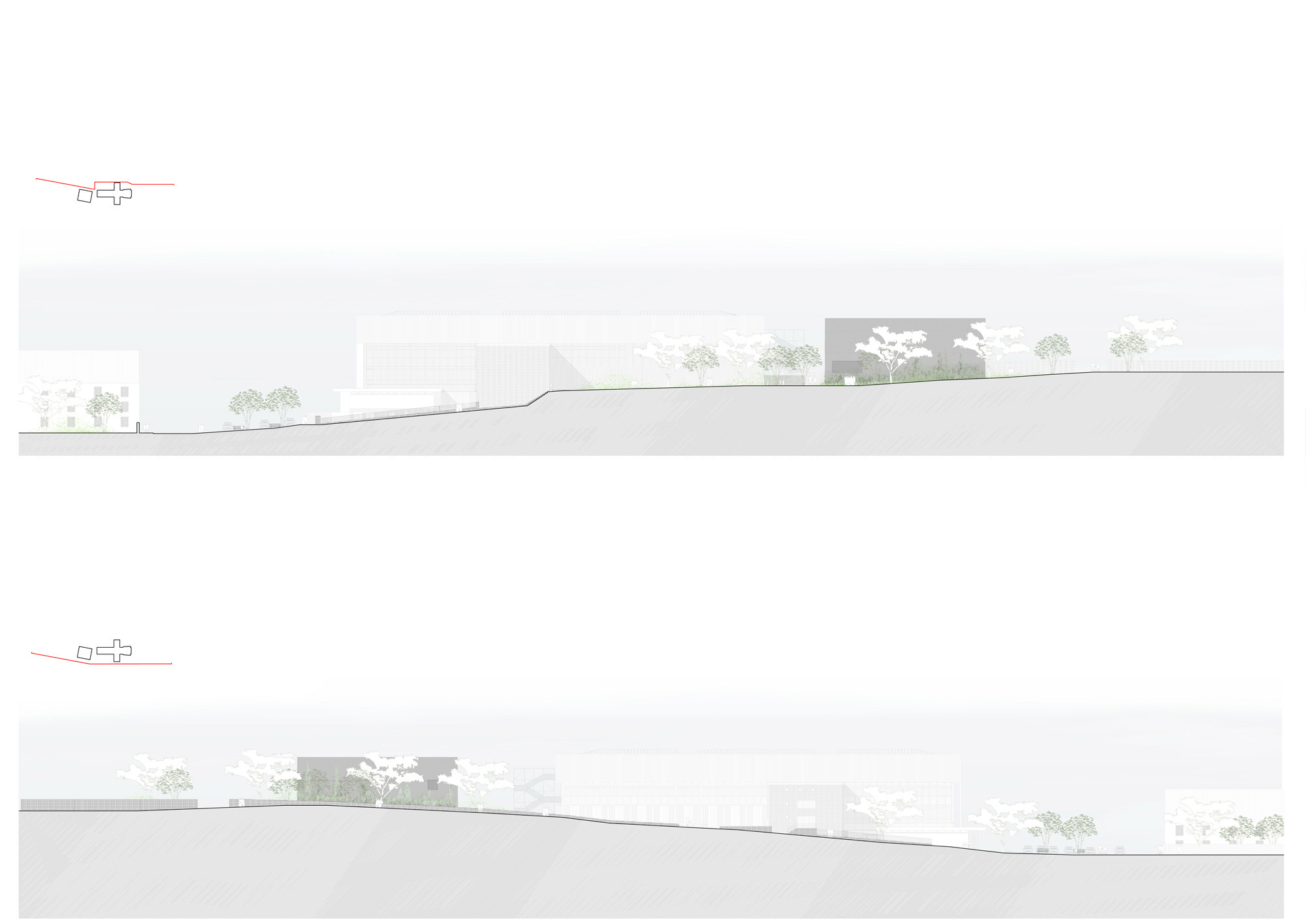 Two section drawings illustrating the building embedded into the landscape with surrounding vegetation