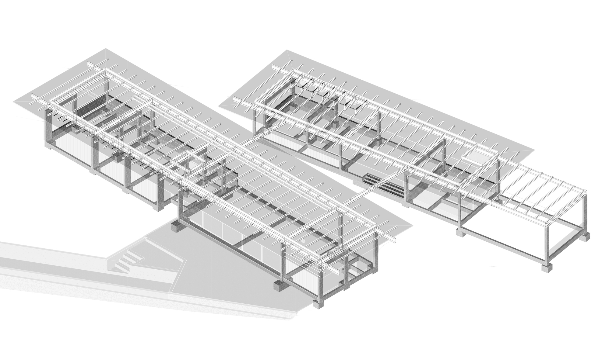 Axonometric drawing revealing the exposed timber beam and joist roof structure over interior spaces