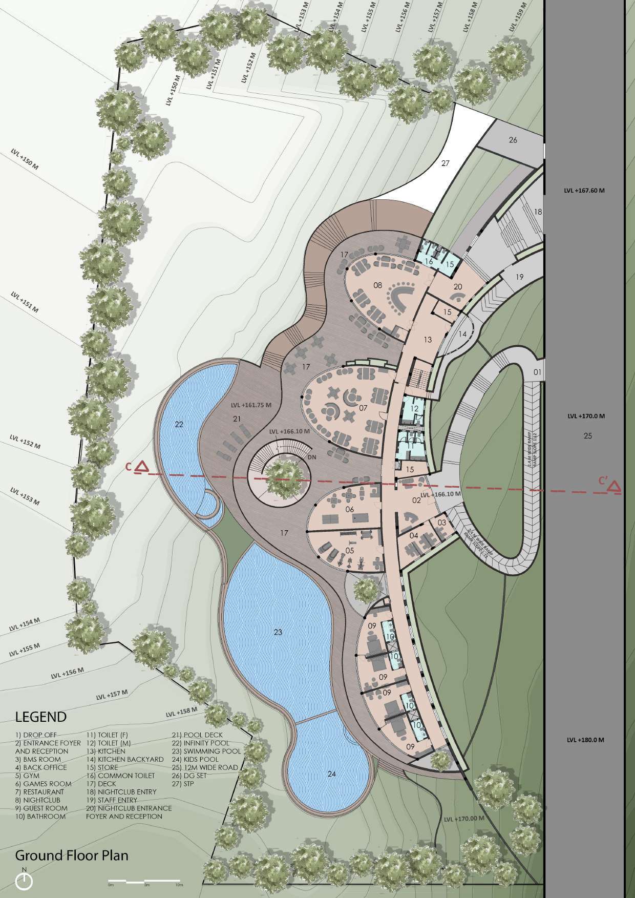 Ground floor plan drawing showing organic curving forms with rooms arranged around a central courtyard and adjacent pools