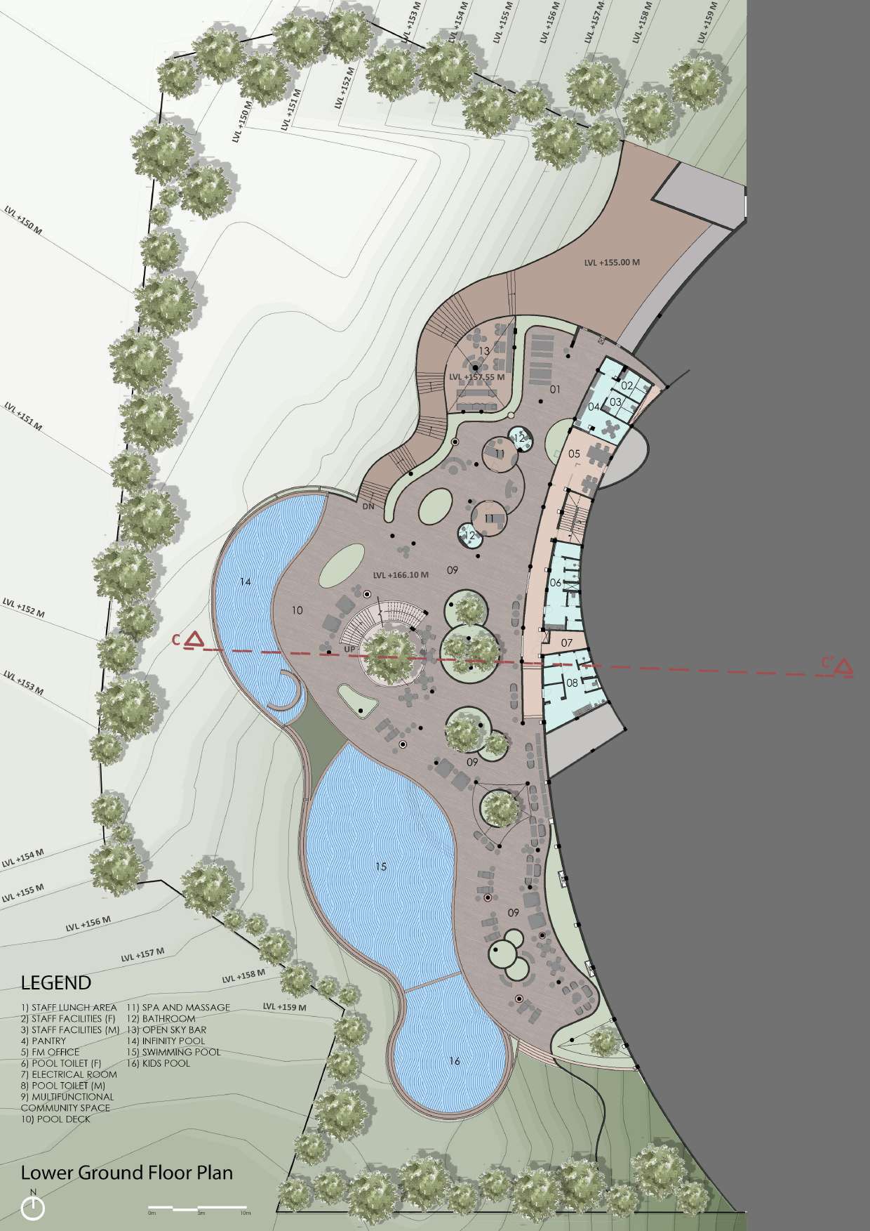 Lower ground floor plan drawing depicting spa facilities with circular planted areas and reflecting pools flanking the structure