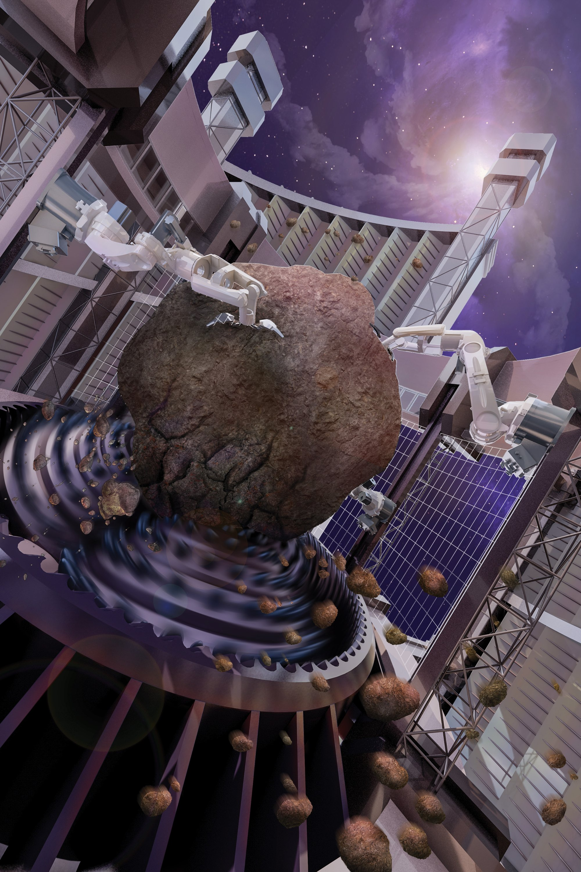 Advanced robotic systems process asteroids within the mining core, transforming raw materials into usable resources for Earth and space.