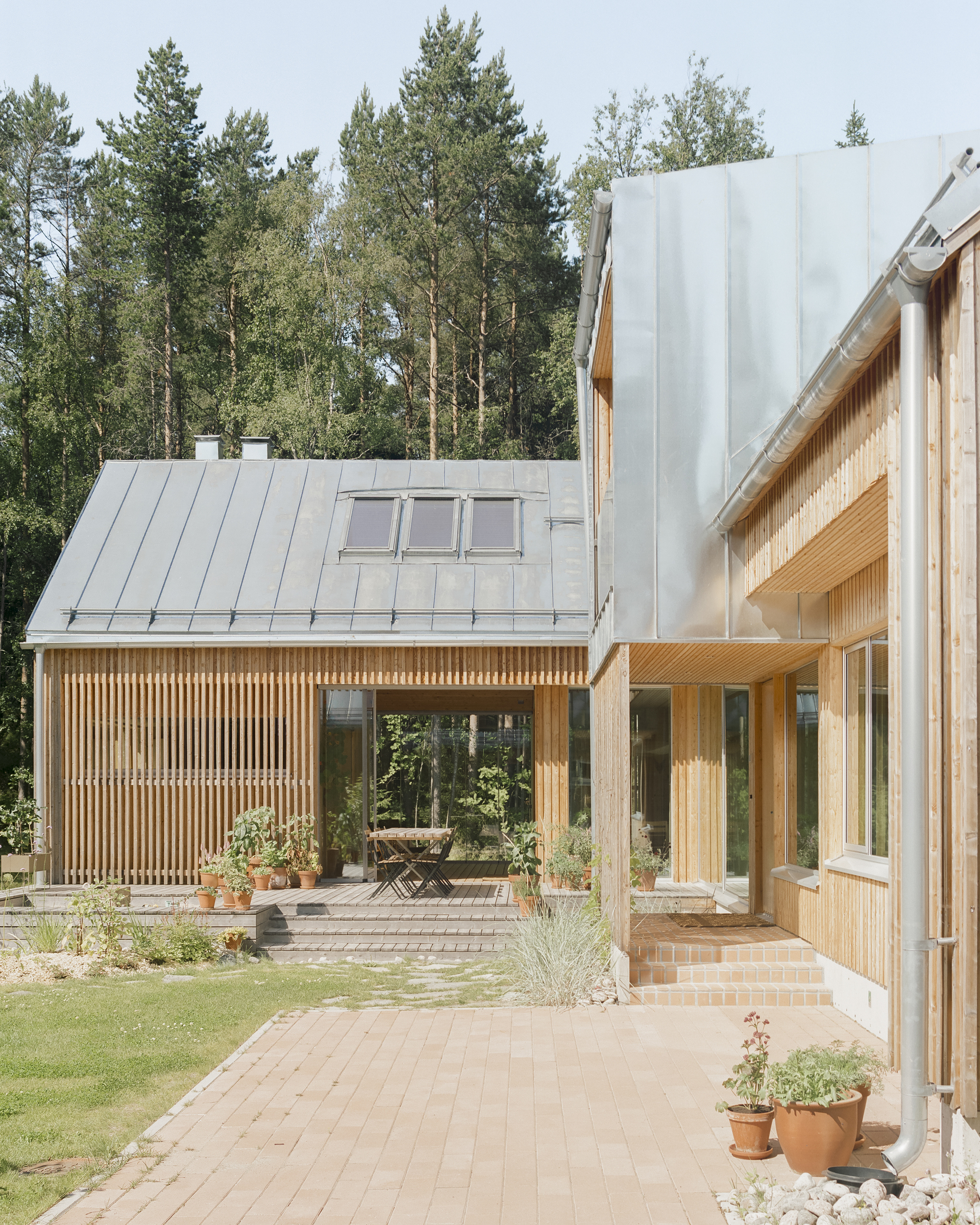 Brick paved terrace connecting two timber volumes with slatted screen and metal roofs under a forest canopy