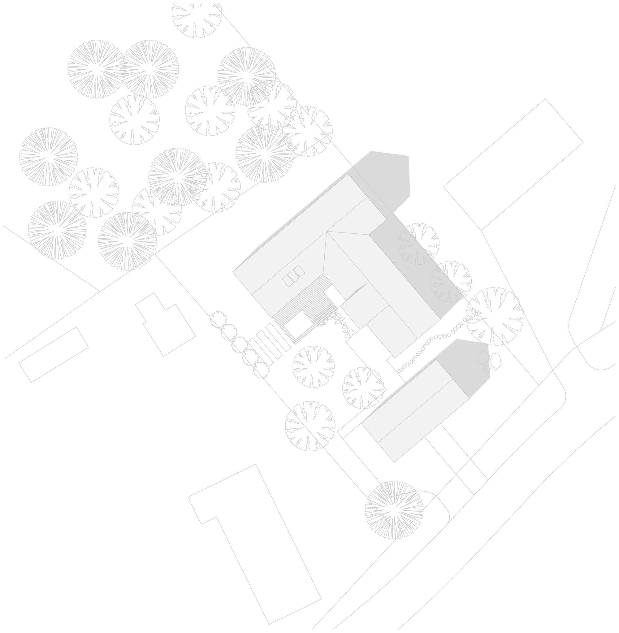 Site plan drawing showing building volumes surrounded by stylized tree canopies and pathways