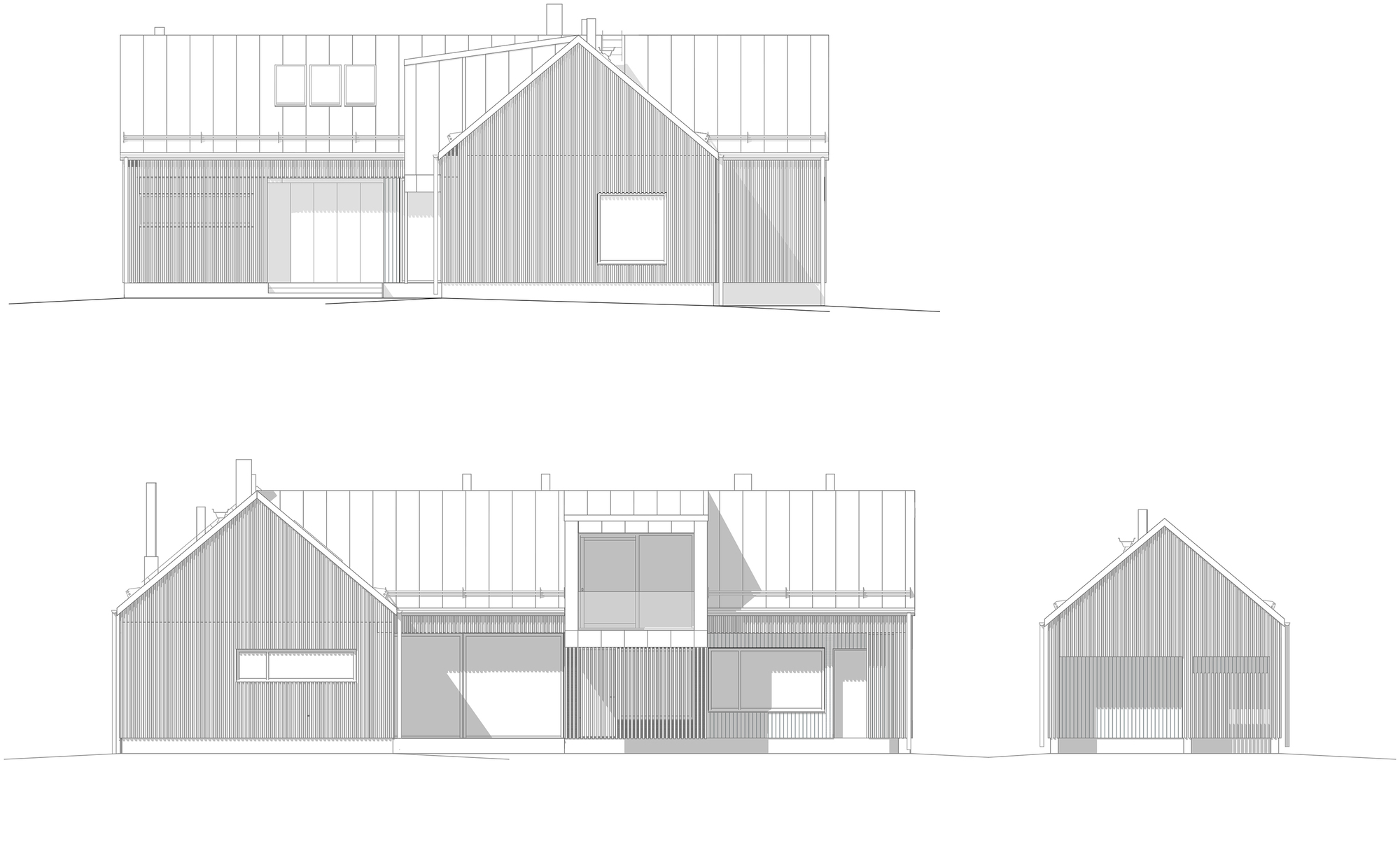 Elevation drawings showing gabled timber volumes with vertical cladding and varied roof pitches