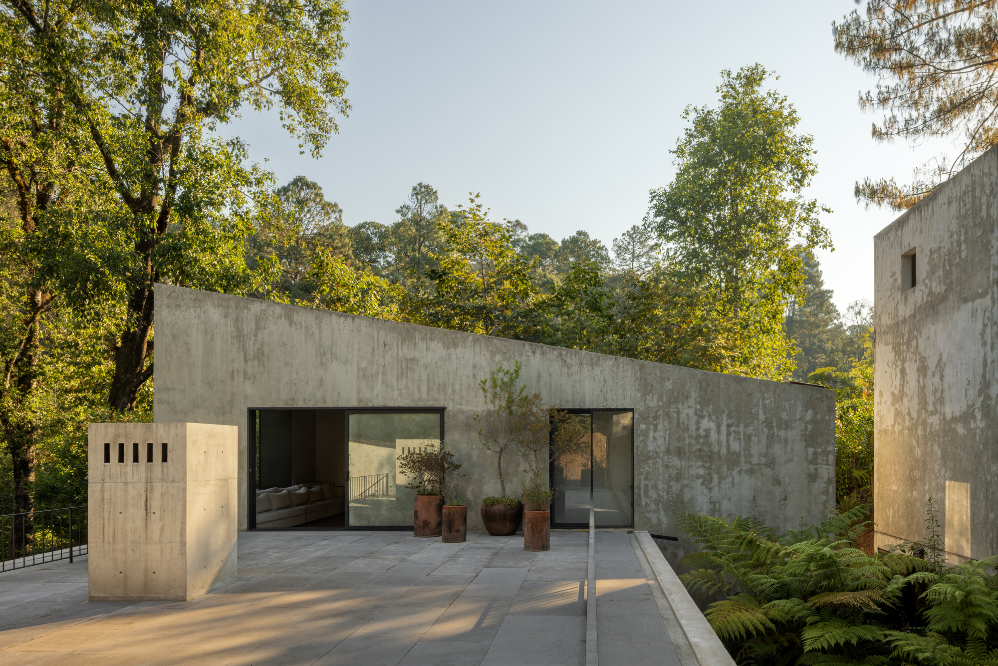 Concrete pavilion with large glazed openings and terracotta planters in dappled afternoon sunlight