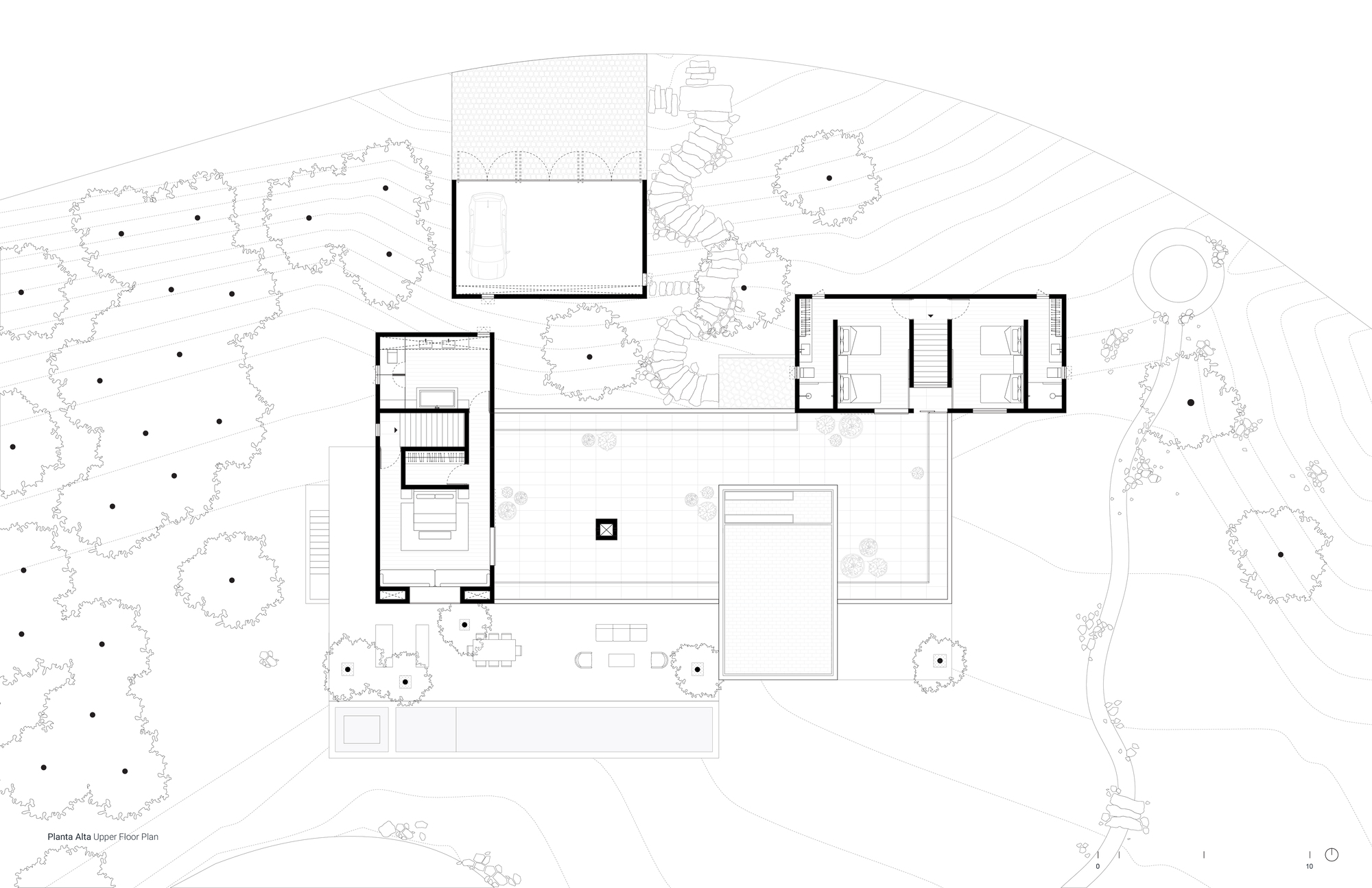 Mid-level floor plan drawing showing bedrooms and covered terrace among the trees