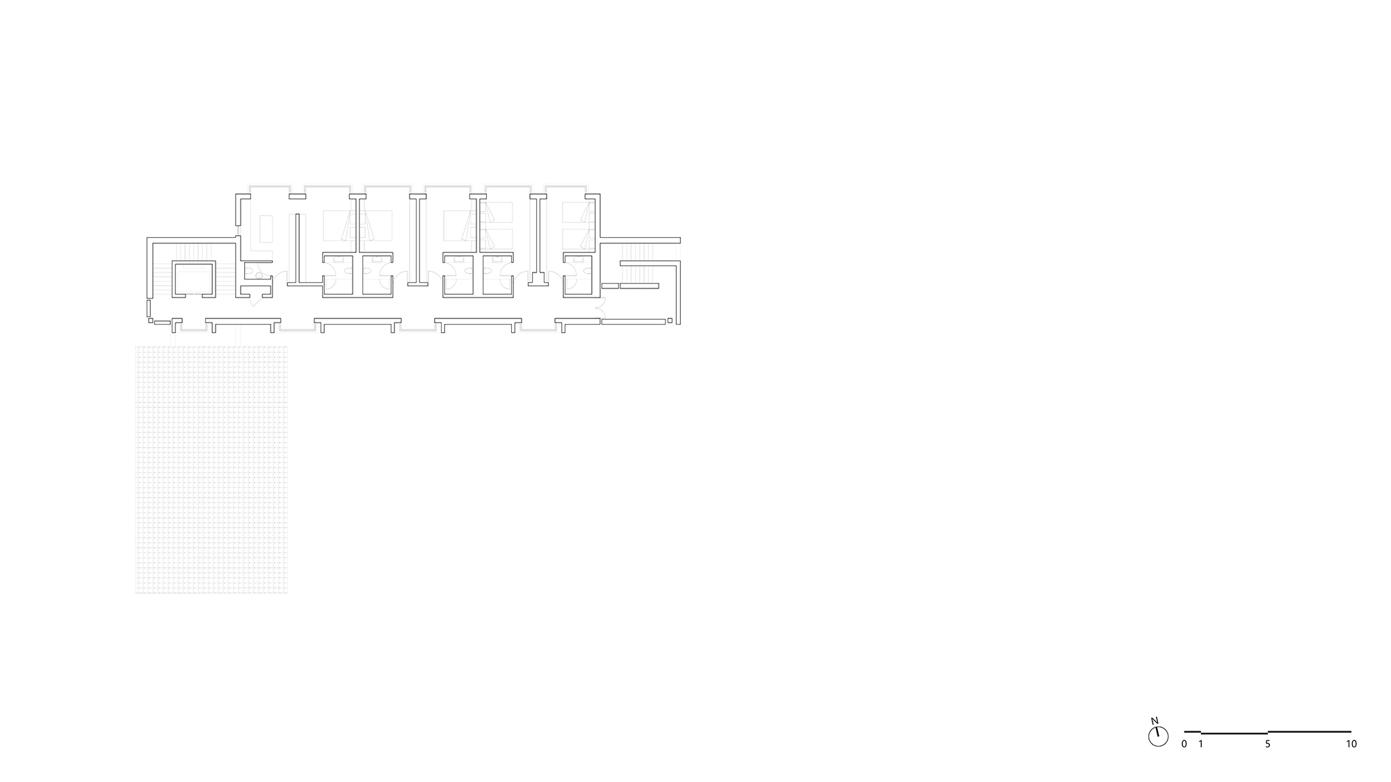 Floor plan drawing of a linear residential volume with repetitive room divisions and deck extensions