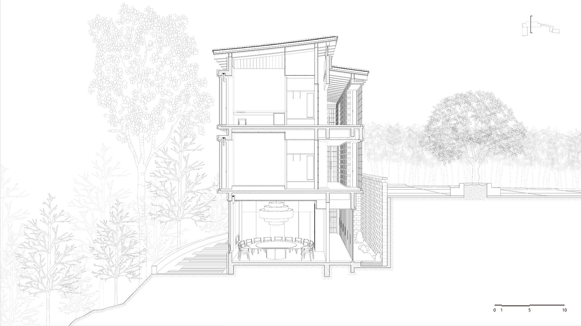 Section drawing of a three-story residence with varied roof pitches nestled among deciduous and coniferous trees