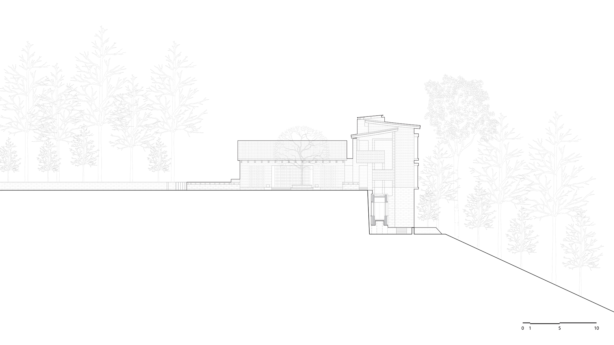 Elevation drawing displaying horizontal volumes stepping down a wooded slope with vertical tower element