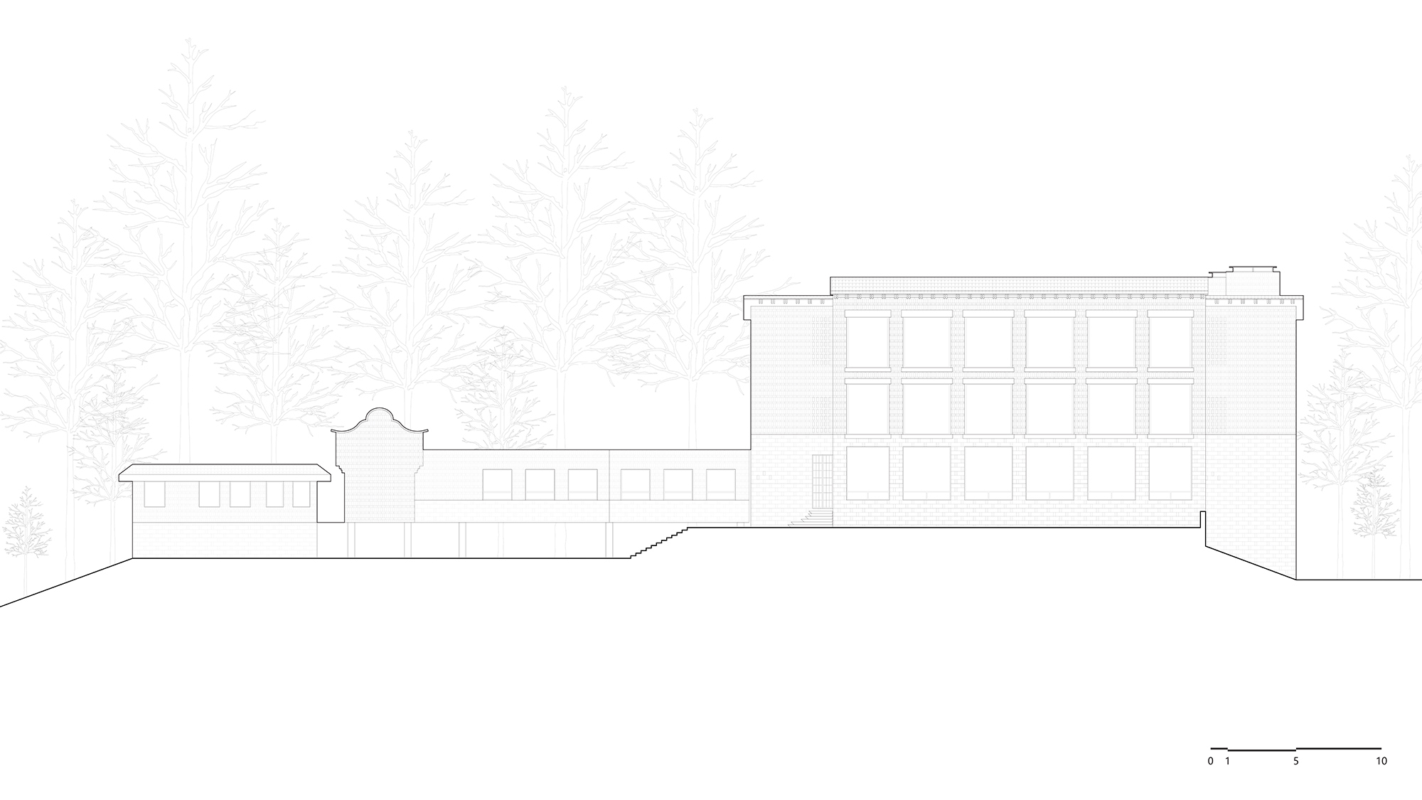 Elevation drawing showing a low-rise wing with pitched roof and a taller rectangular volume with trees